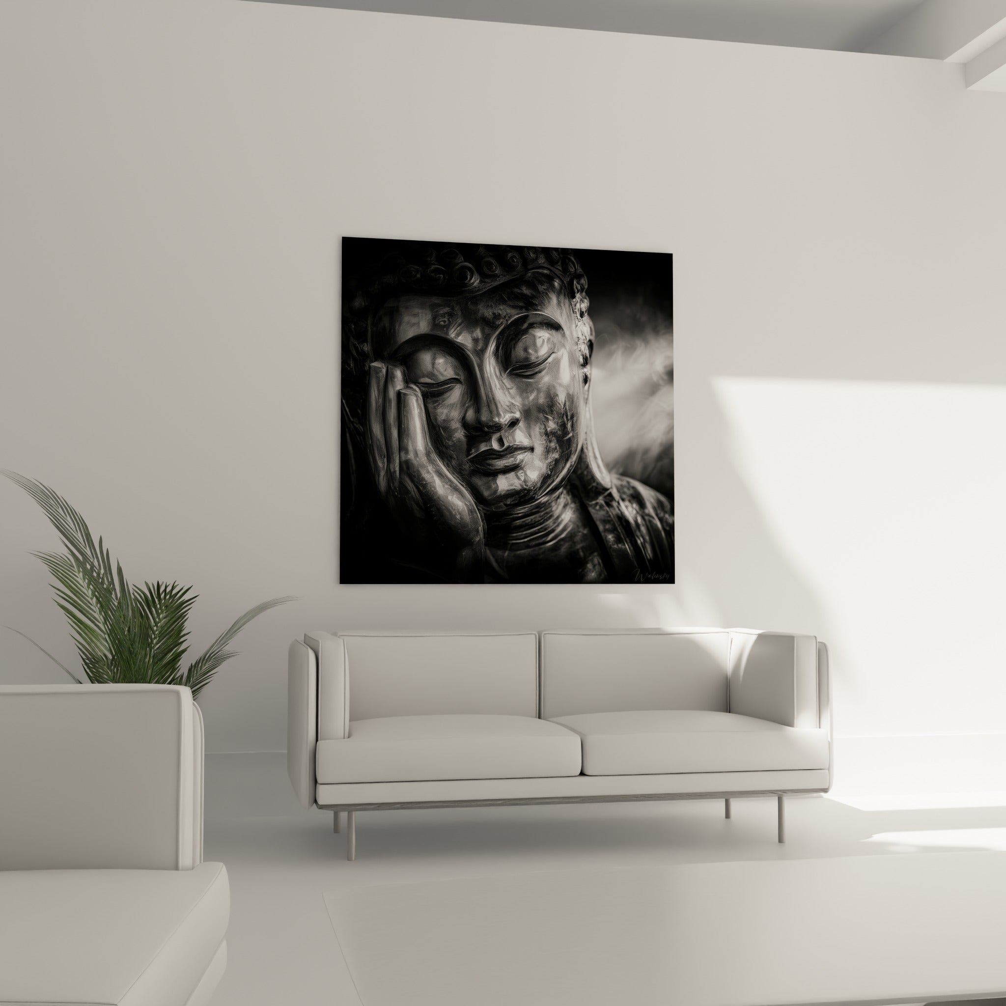 Bouddha en clair-obscur, teintes noires et grises, geste méditatif, au-dessus d'un canapé dans un salon lumineux