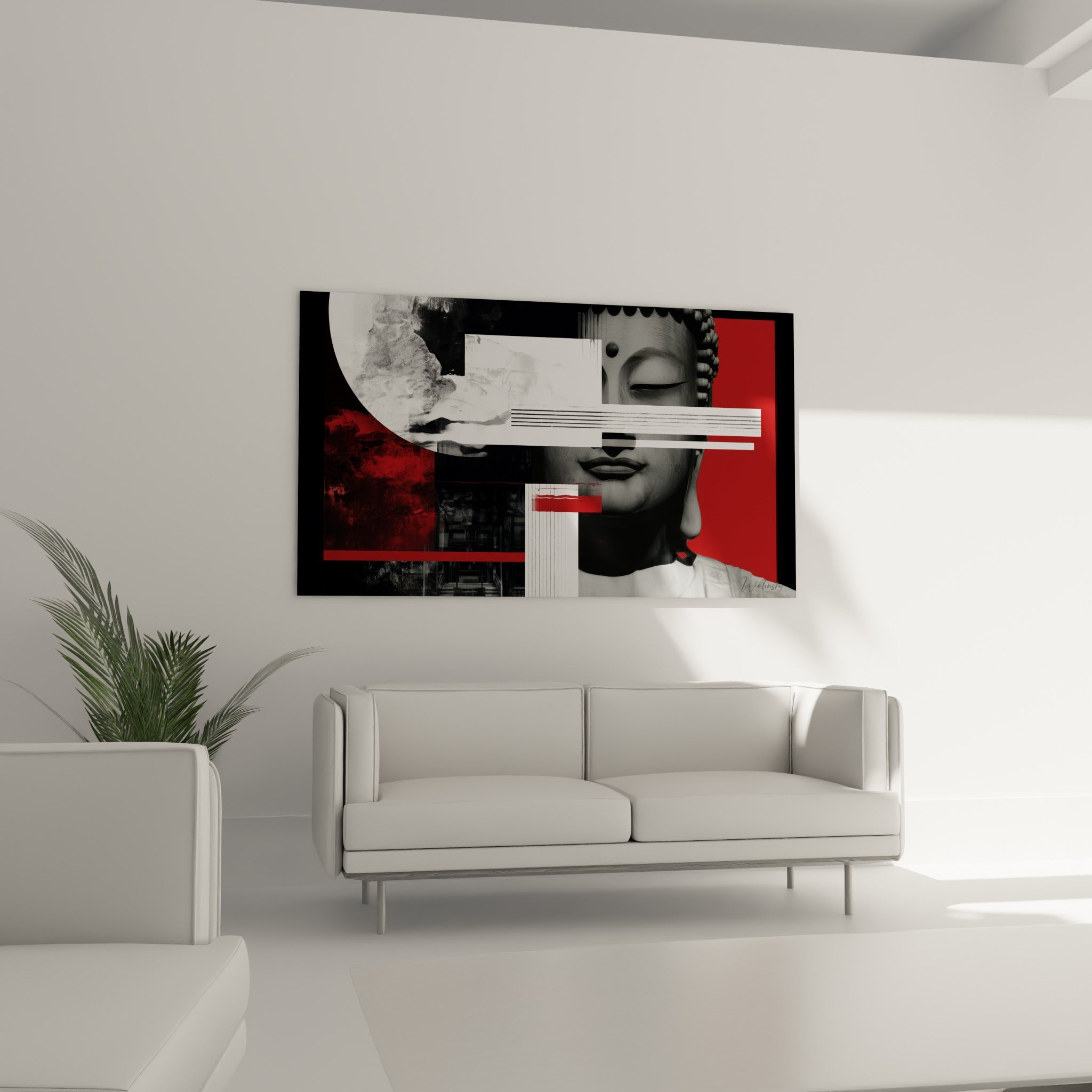 Fragments graphiques du Bouddha en gris et rouge intense, au-dessus d'un canapé dans un salon lumineux