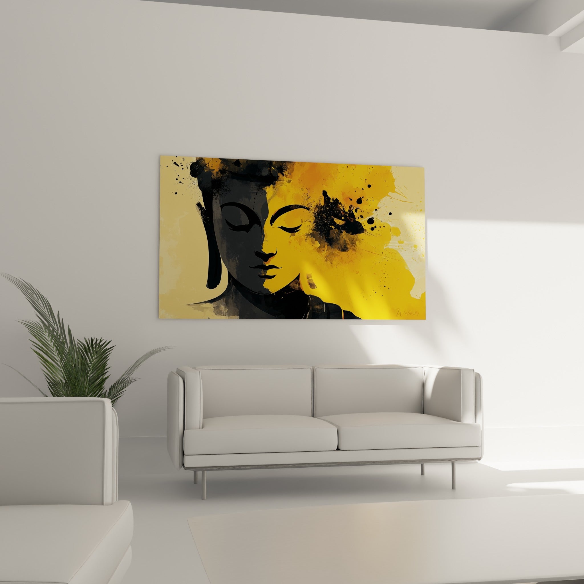 Portrait de Bouddha jaune et gris foncé, traits sereins, au-dessus d'un canapé dans un salon lumineux