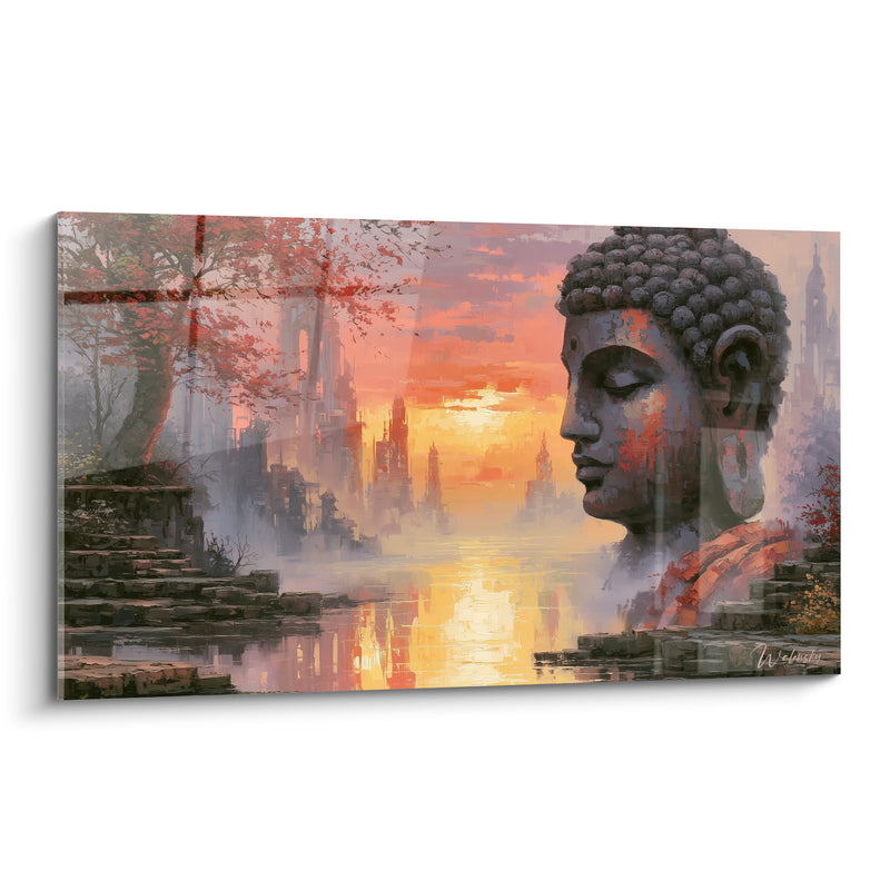 Tableau Statue de profil au coucher de soleil orangé - Silence du crépuscule - Edition Bouddha