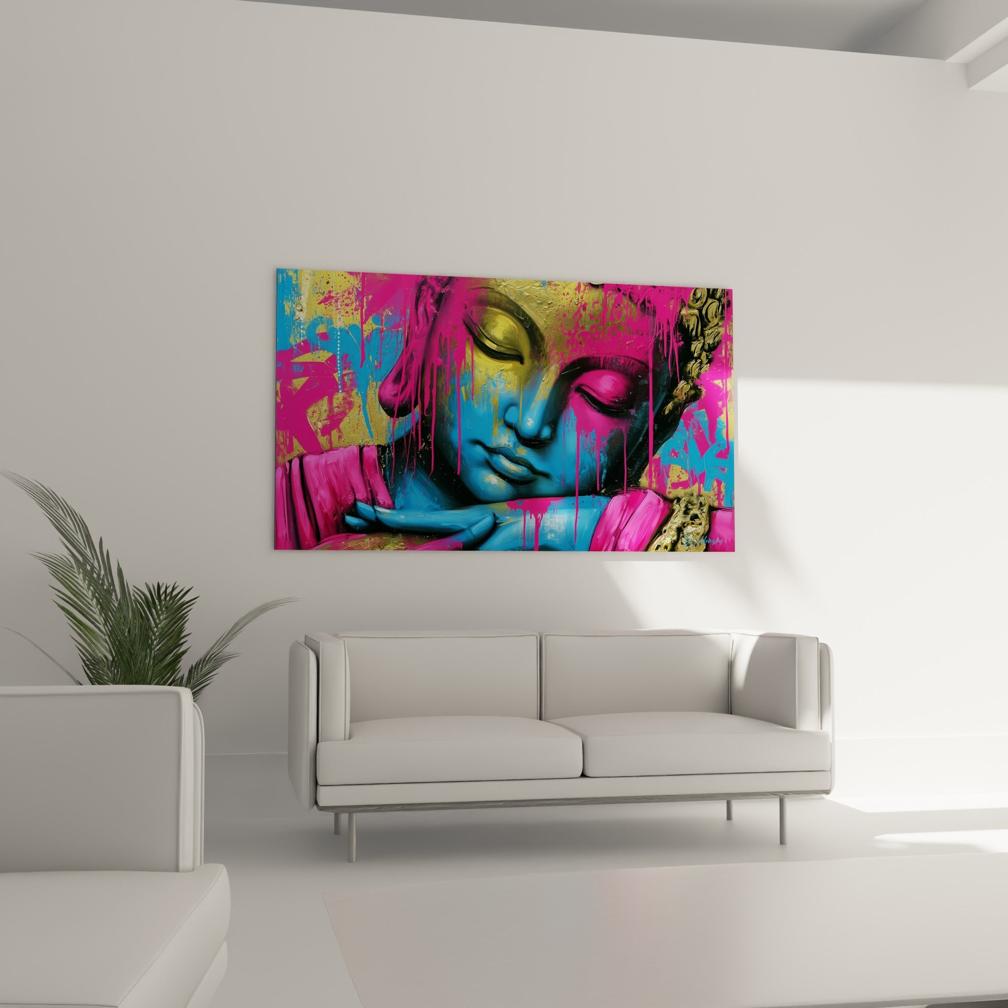 Portrait de Bouddha doré et fuchsia aux coulures graphiques, au-dessus d'un canapé dans un salon lumineux