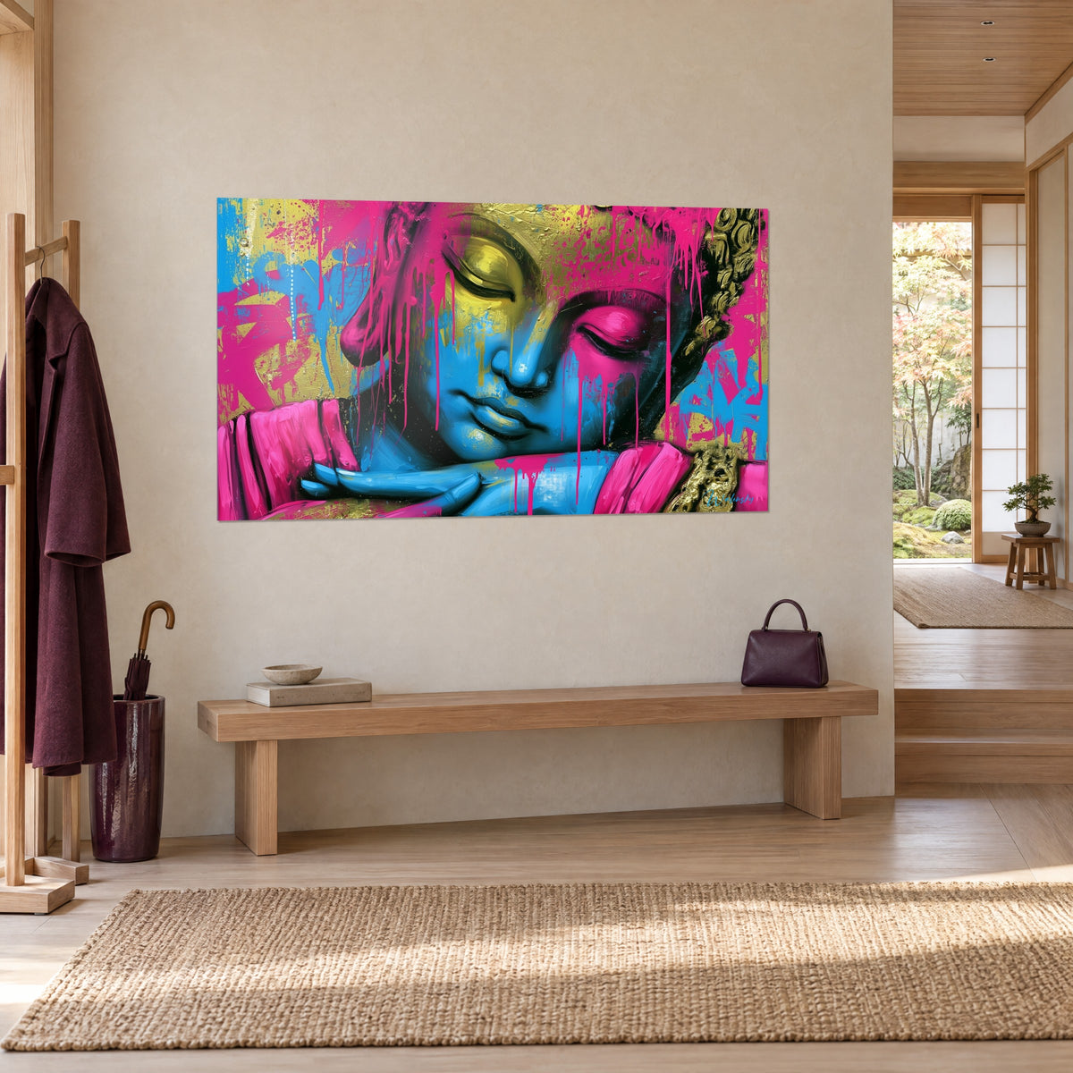 Wall art serene head with closed eyelids, gold and fuchsia highlights, hung at the back of a japandi entryway