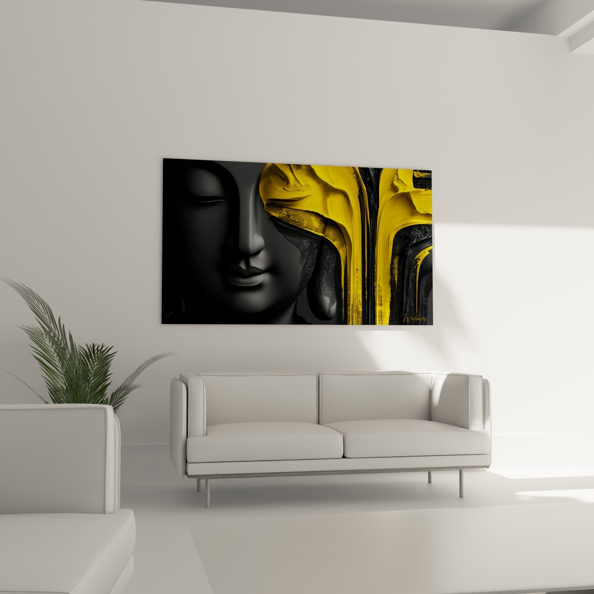 Bouddha serein en anthracite traversé de matière dorée accroché au-dessus d'un canapé dans un salon lumineux