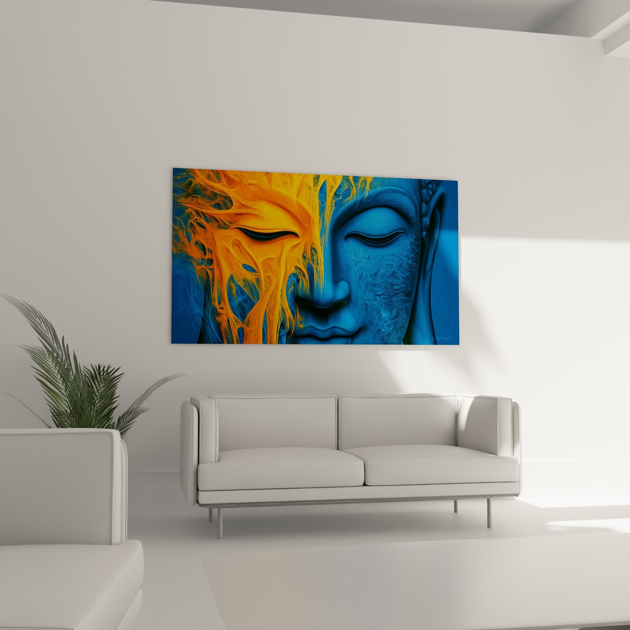 Méditation figée dans un visage bleu marine strié de coulures orangées, au-dessus d'un canapé dans un salon lumineux
