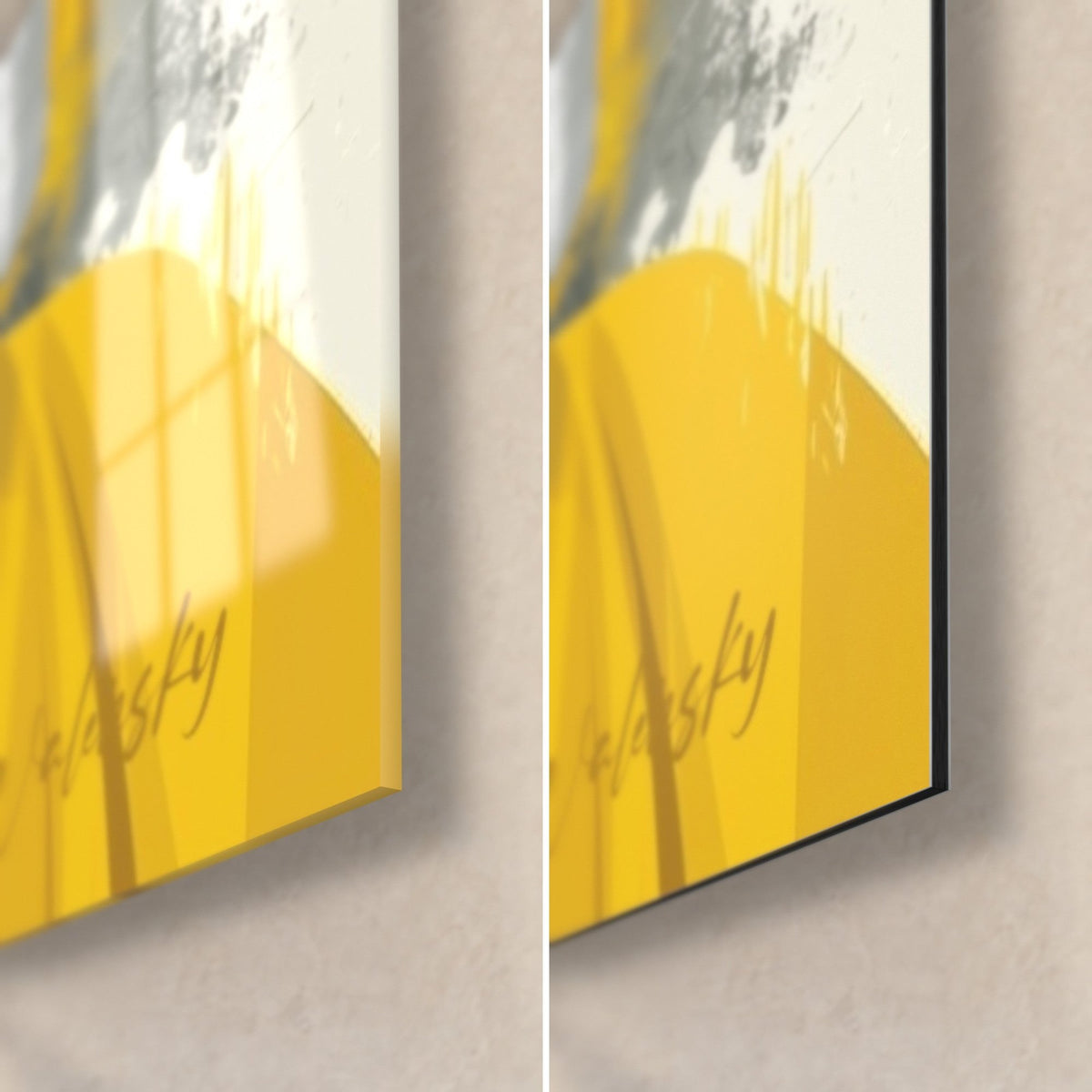 Tableau Bouddha aux paupières closes, coin bas droit jaune et crème, verre acrylique brillant à gauche, Dibond mat à droite, tranche 3 mm