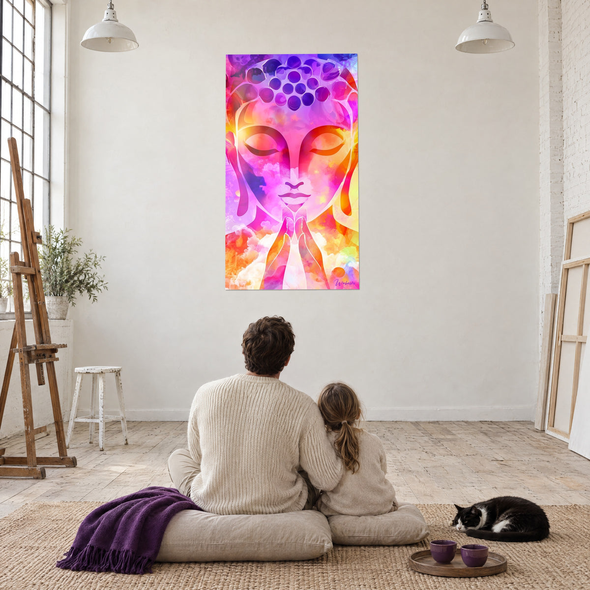 Quadro ritratto zen in sfumature rosa, gialle e viola, una coppia di spalle seduta accanto a un gatto tuxedo, loft d'artista