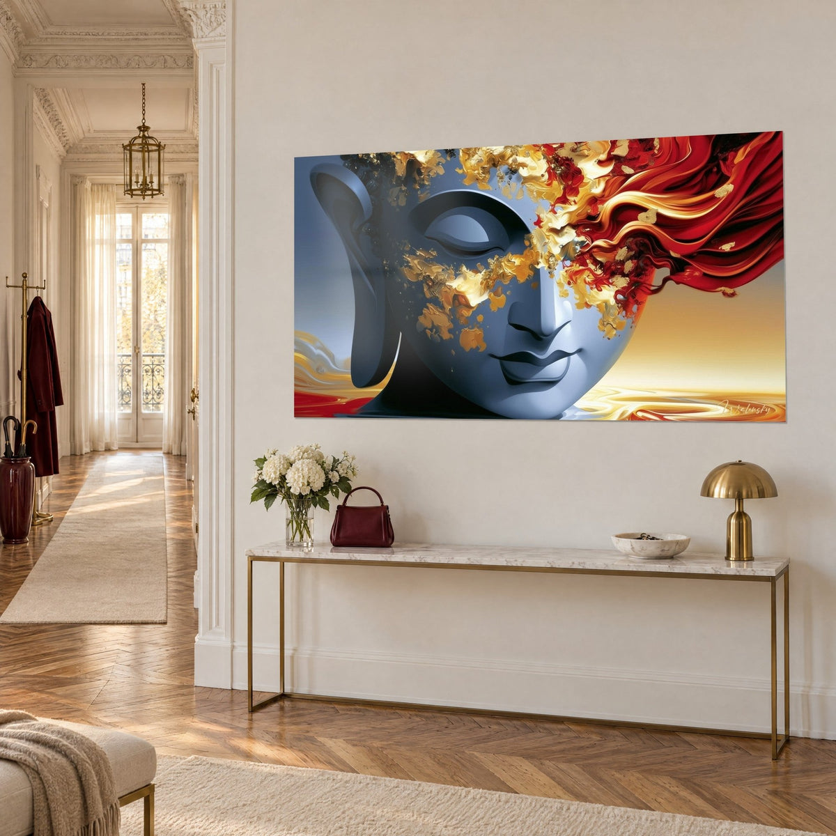 Tableau tête sereine aux paupières closes, chevelure rouge flamboyante et touches ocre, vue de trois-quarts au mur blanc
