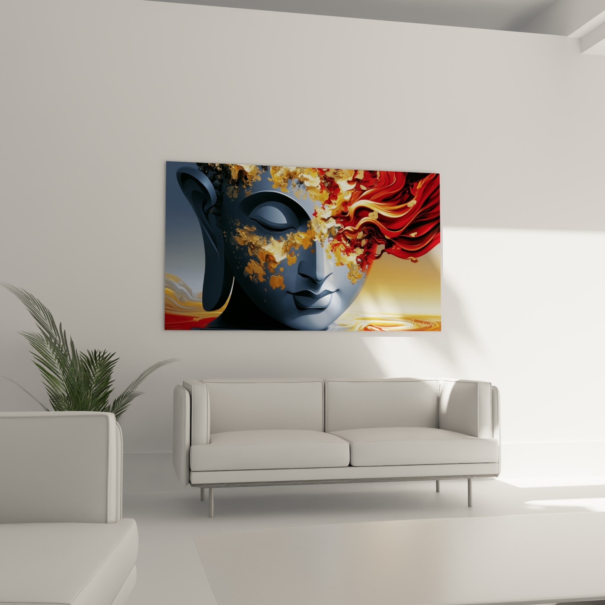 Crâne du Bouddha enveloppé de volutes rouges et dorées, accroché au-dessus d'un canapé dans un salon lumineux