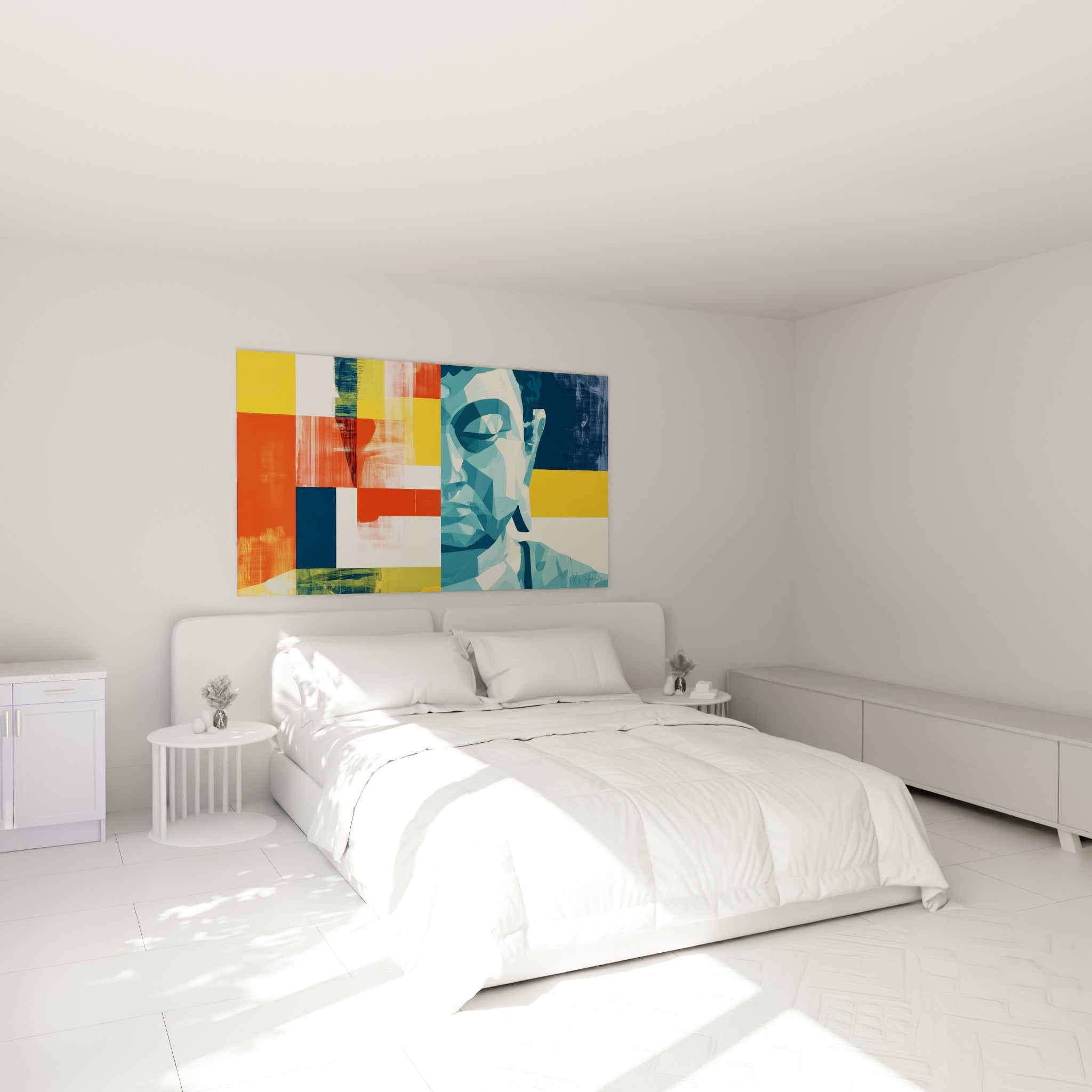 Visage de Bouddha fragmenté en bleu et blanc cassé, accroché au-dessus d'un lit dans une chambre claire