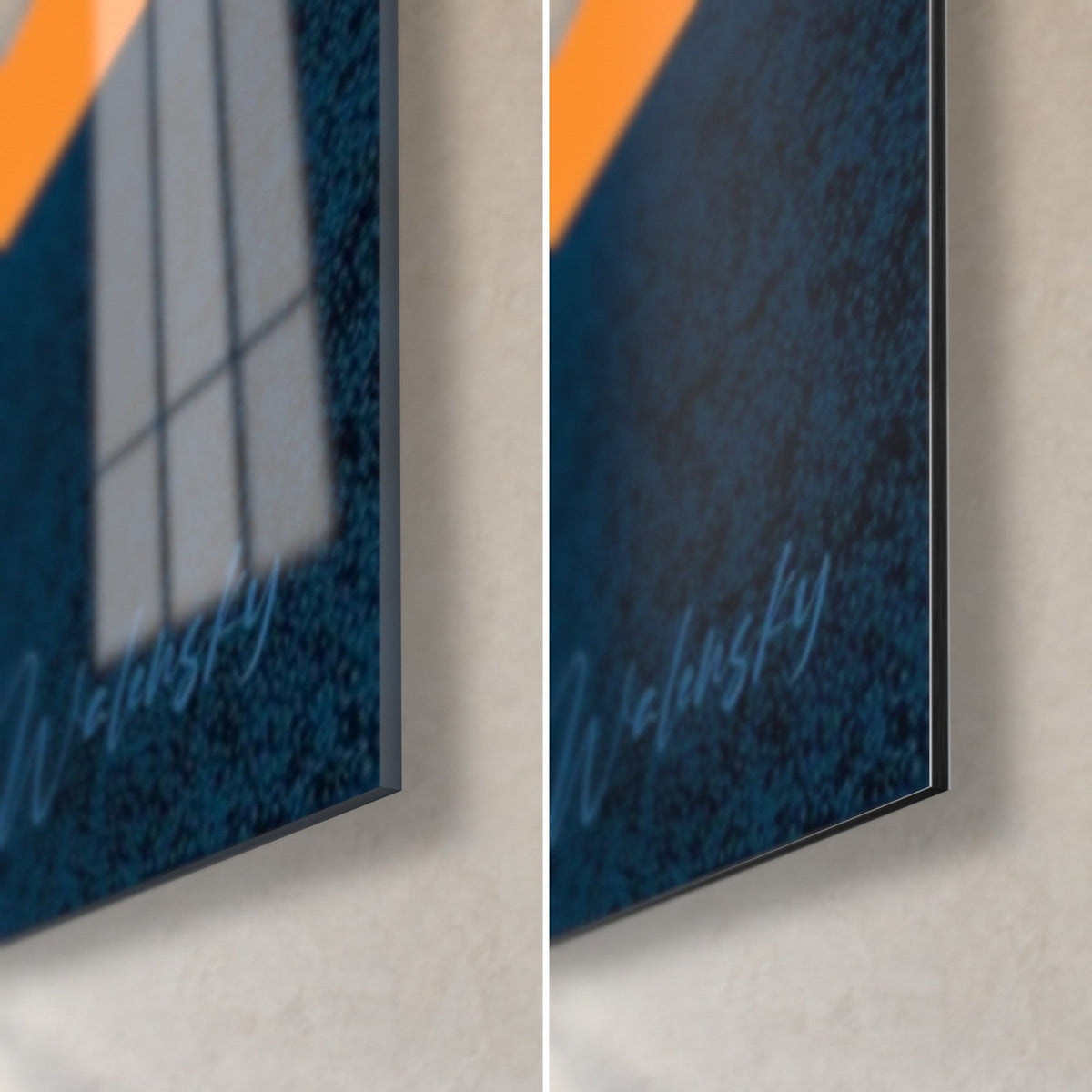 Quadro monaco di pietra blu, angolo in basso a destra: vetro acrilico lucido con riflessi, alluminio Dibond opaco, spessore 3 mm