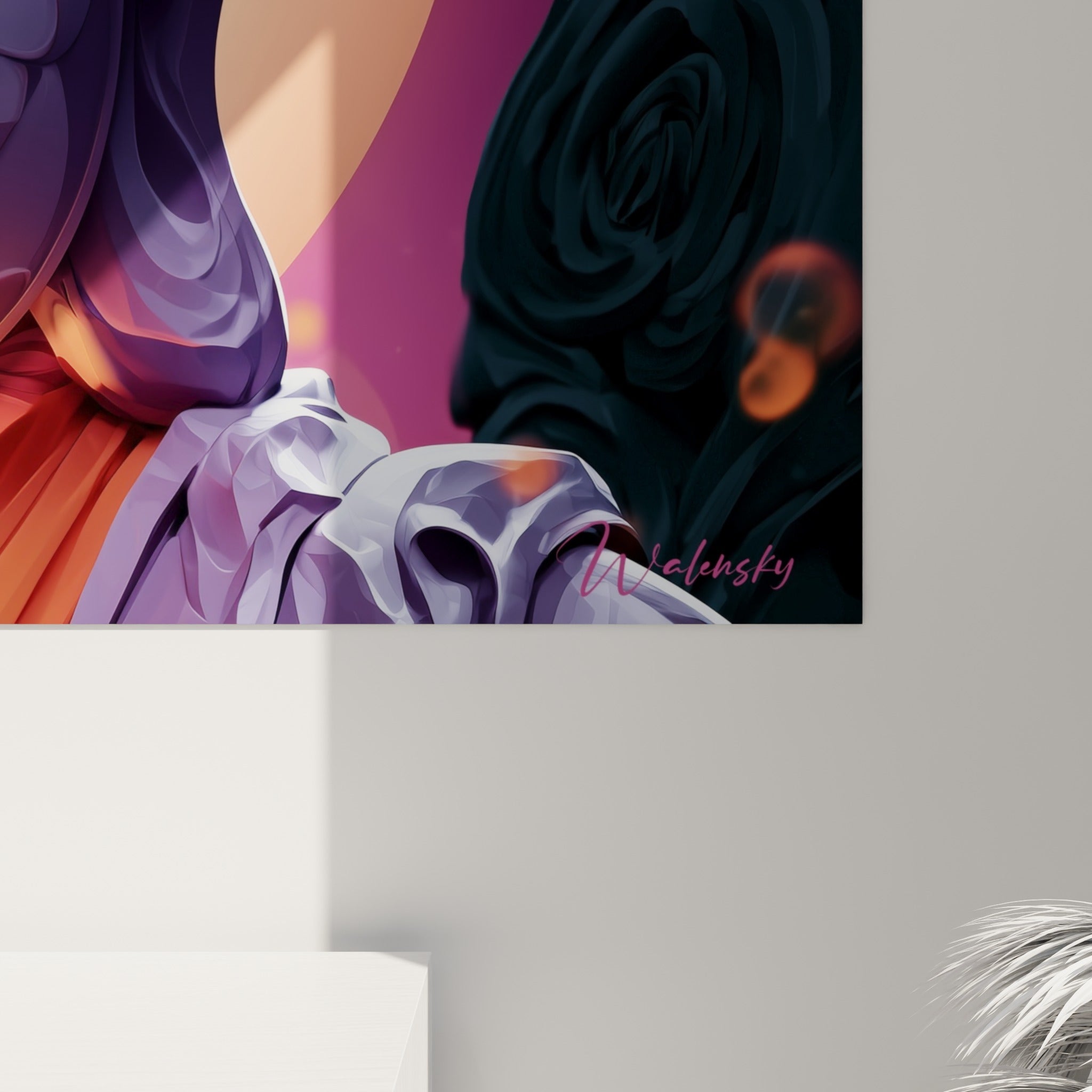 Détail des flammes blanches et orangées sur la pierre violette du Bouddha, textures fluides et lumineuses