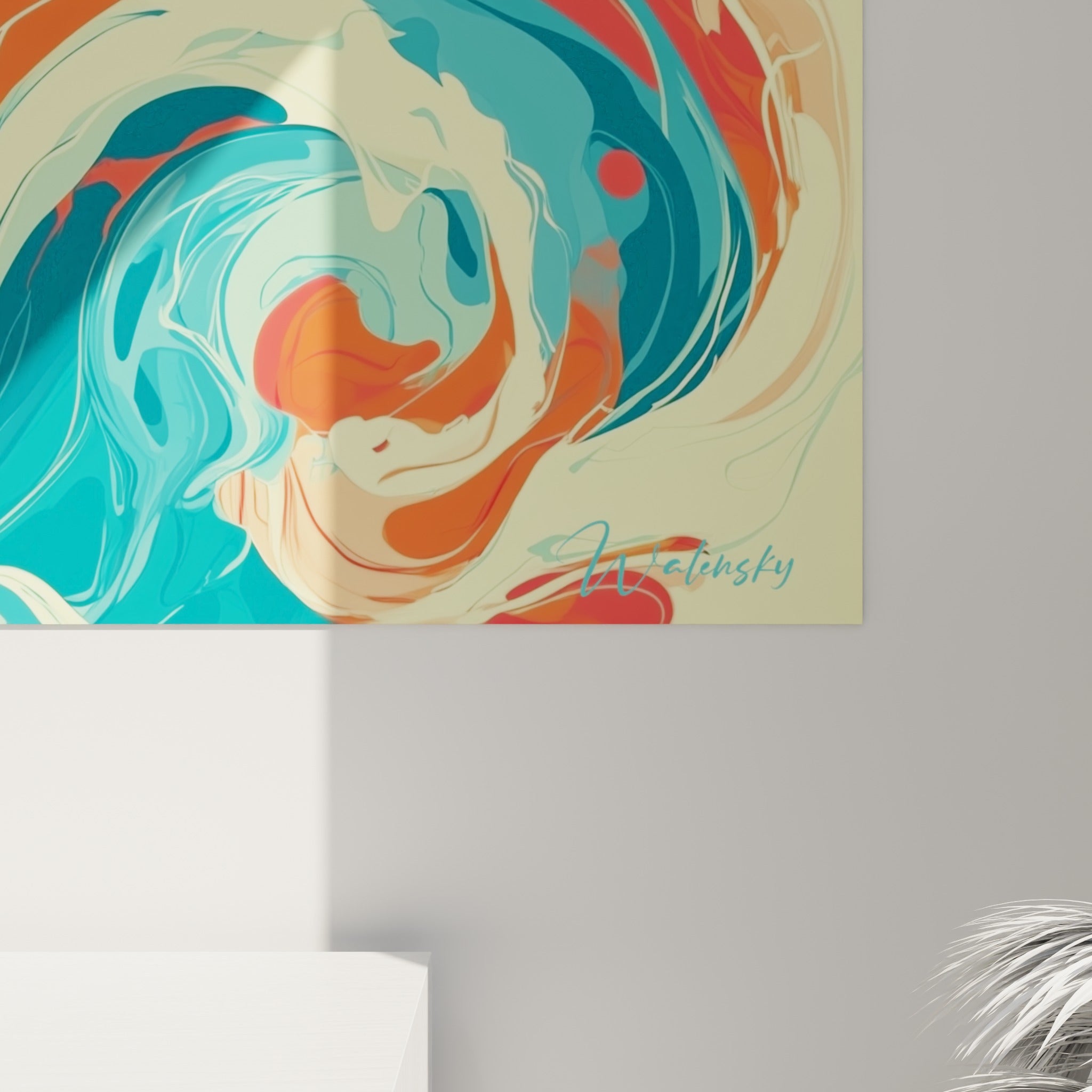 Volutes fluides turquoise et crème se mêlant aux aplats corail, détail rapproché de la matière glacée du tableau