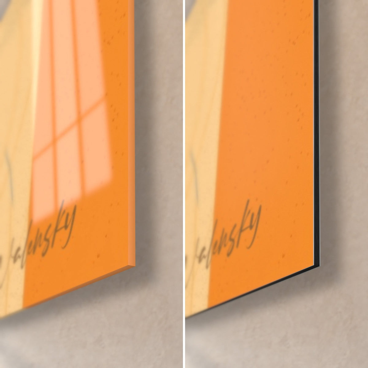 Tableau visage de Bouddha bleu et orange, coin bas droit : verre brillant et reflets à gauche, Dibond noir mat à droite