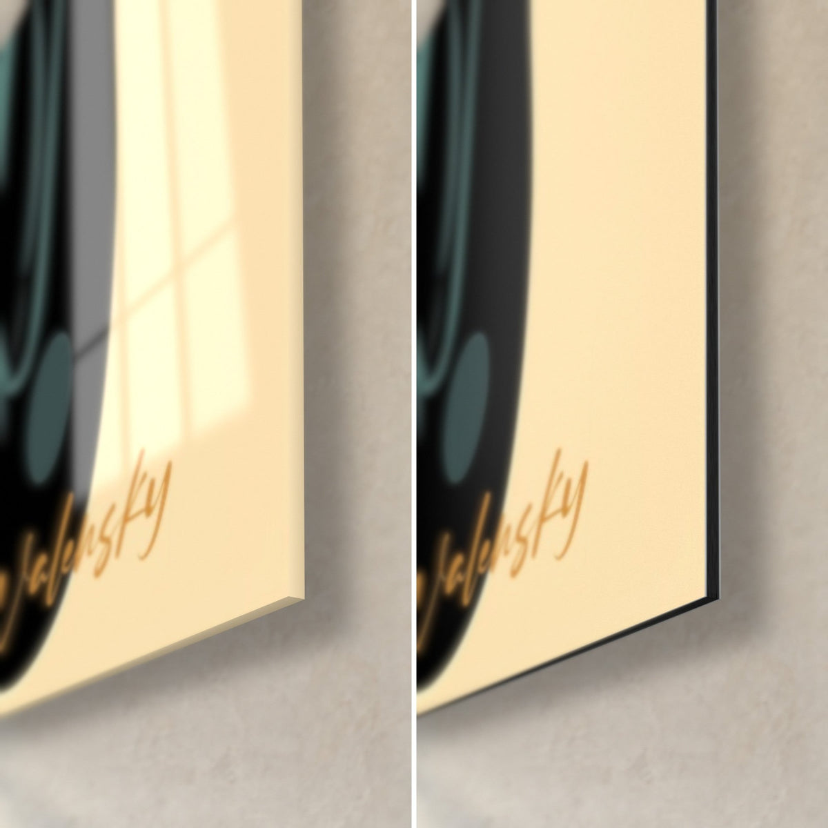 Gemälde goldenes Buddha-Gesicht, untere rechte Ecke: glänzendes Acrylglas links, mattschwarzes Dibond rechts, 3 mm Kante