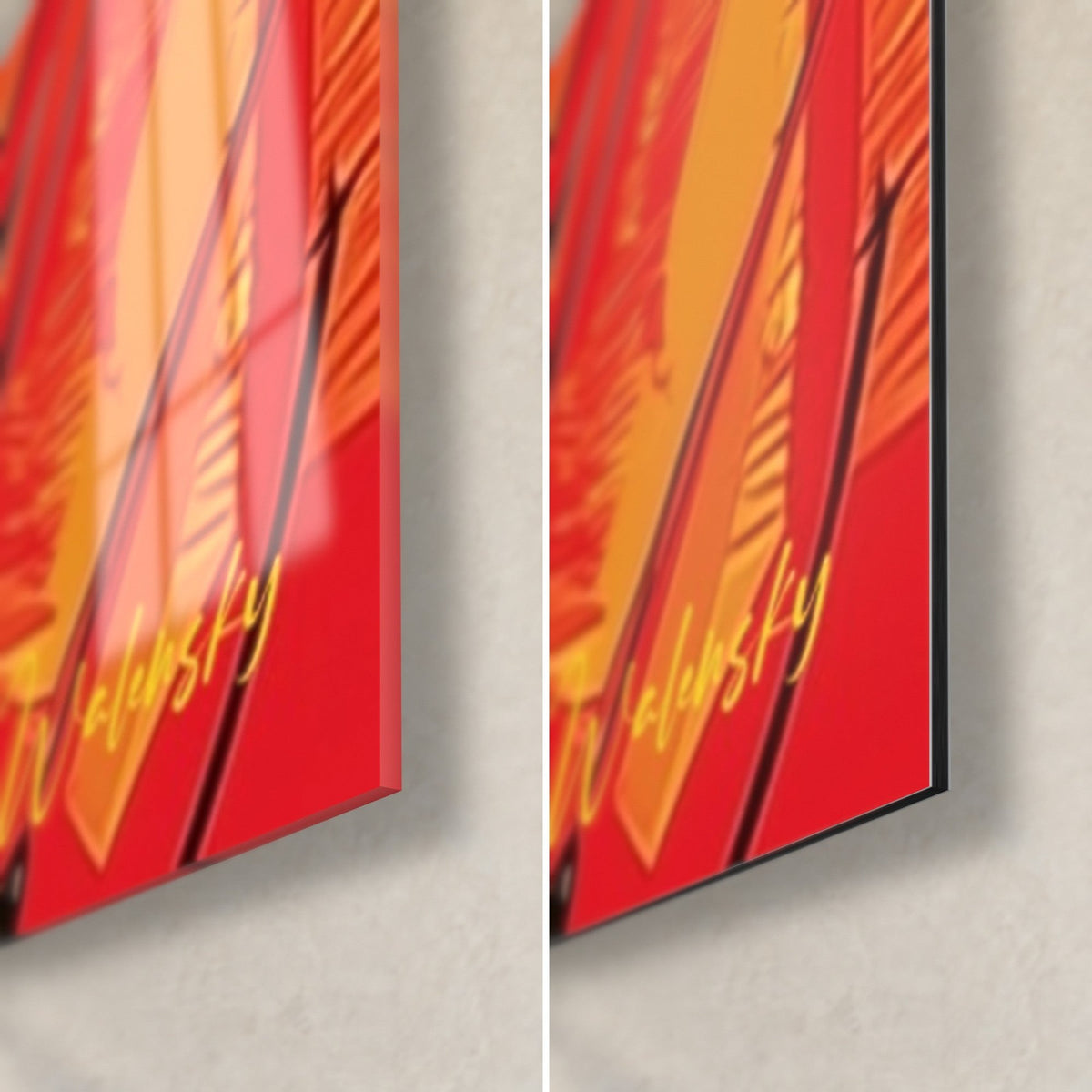 Tableau Bouddha aux plis rouges et jaunes, coin bas droit : verre acrylique brillant à gauche, Dibond mat à droite, tranche