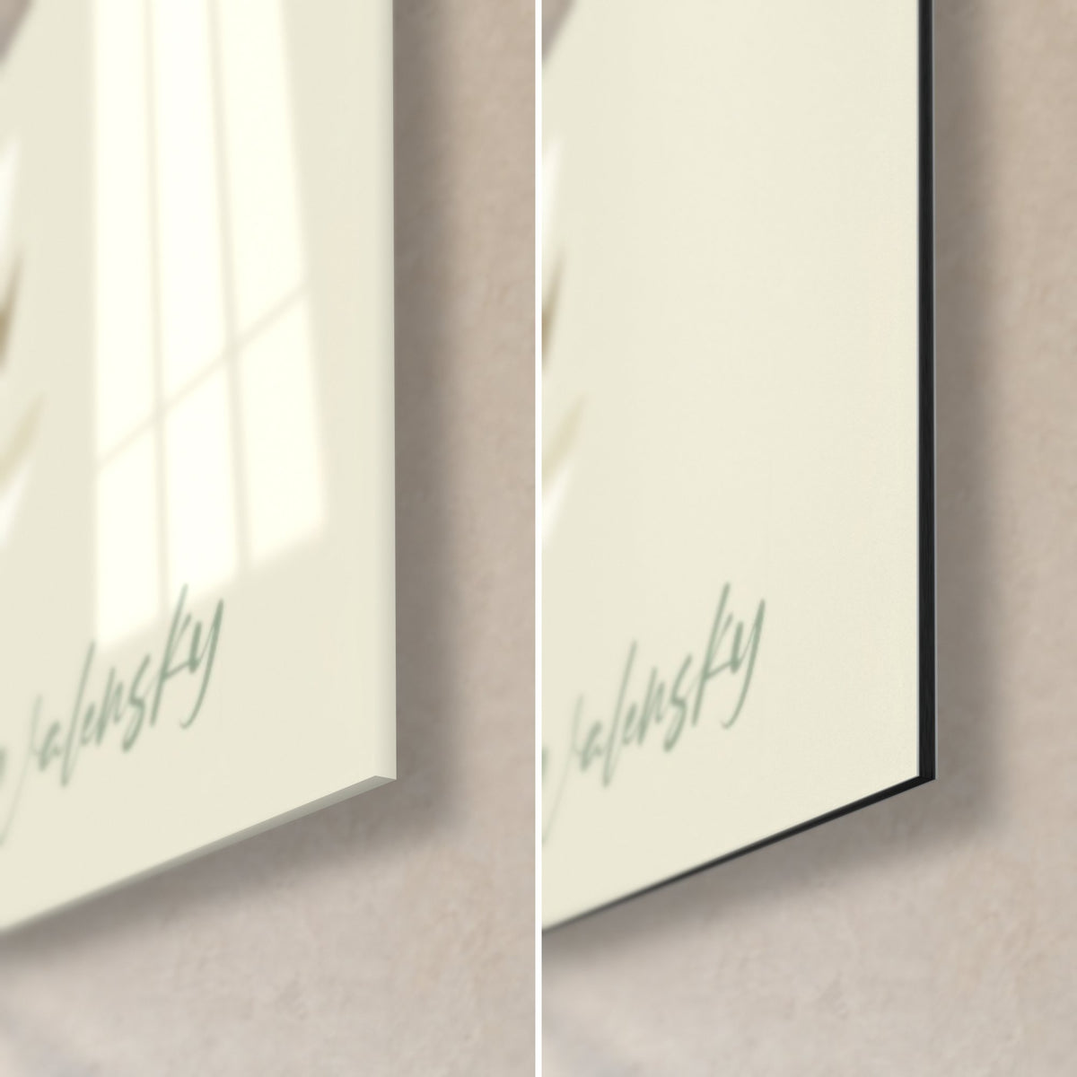 Schilderij gezicht in saliegroen en terracotta, rechtsonder hoek van glanzend glas links, mat Dibond-aluminium rechts, zwarte rand van 3 mm