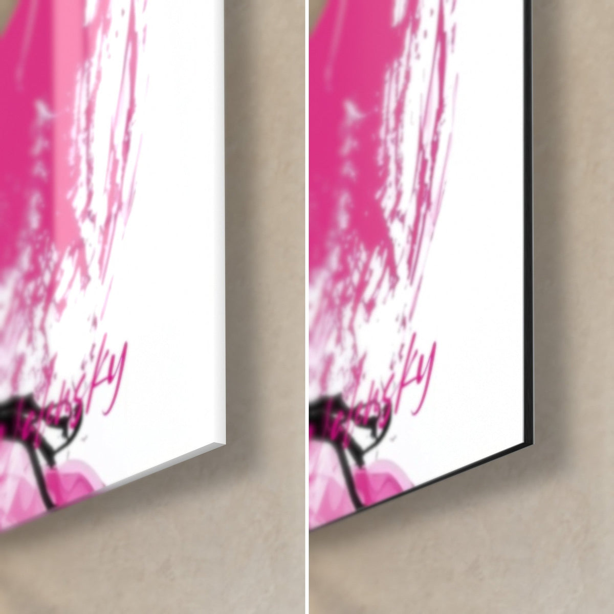 Cuadro rostro esbozado en rosa y negro, esquina inferior derecha en cristal acrílico brillante y aluminio Dibond mate, canto de 3 mm
