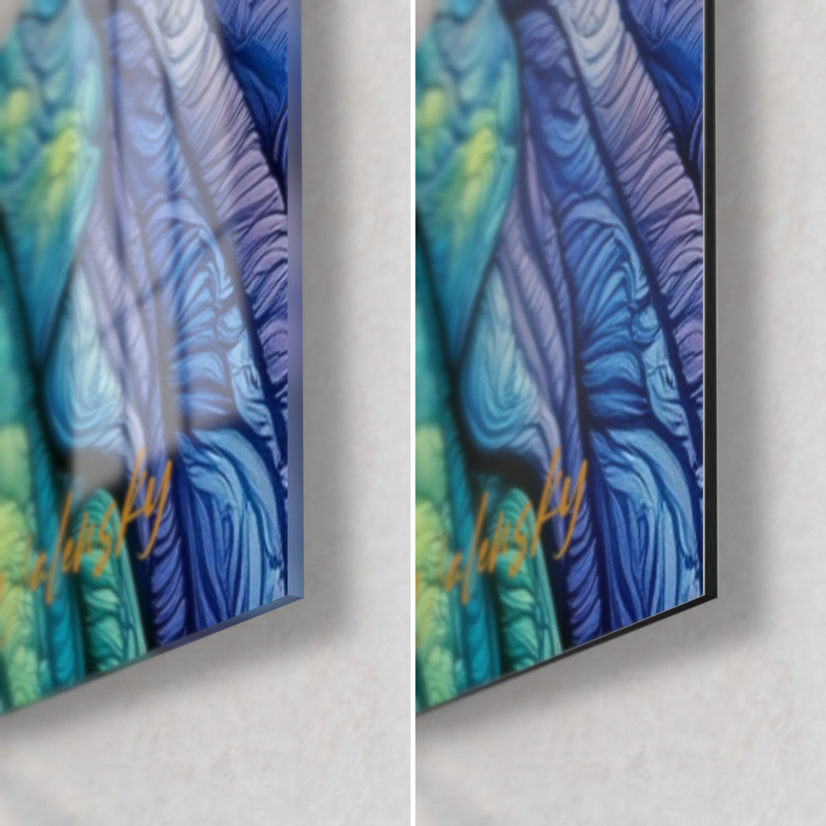 Cuadro Buda en volutas azules y violetas, esquina inferior derecha: vidrio acrílico brillante a la izquierda, aluminio Dibond mate a la derecha, canto de 3 mm