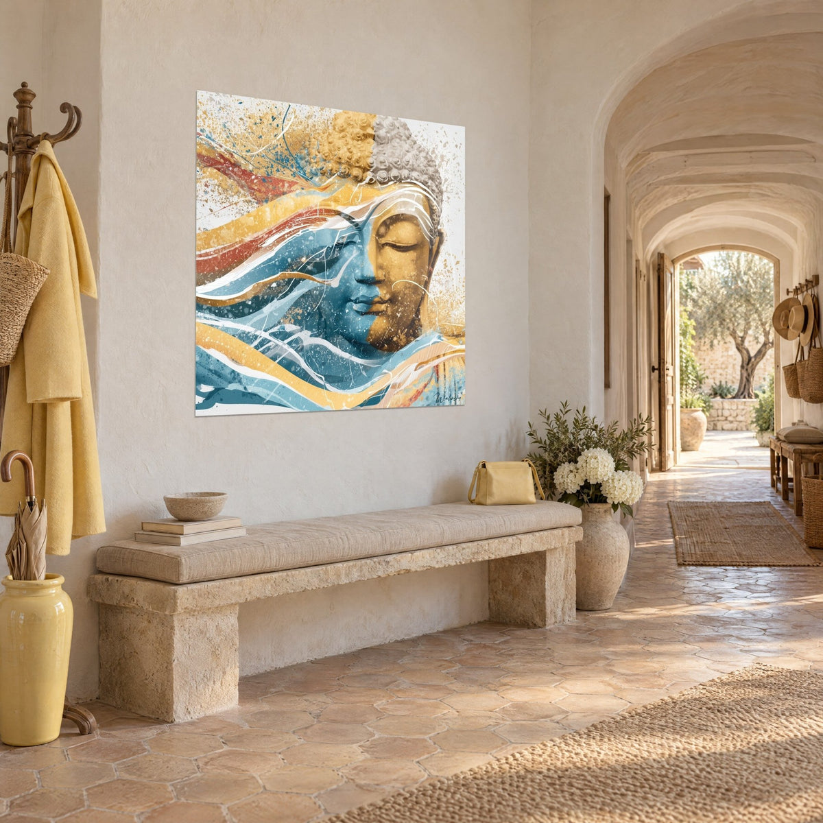 Quadro scultura serena con palpebre chiuse, riccioli grigi e oro, schizzi blu, parete di pietra di un corridoio a volta