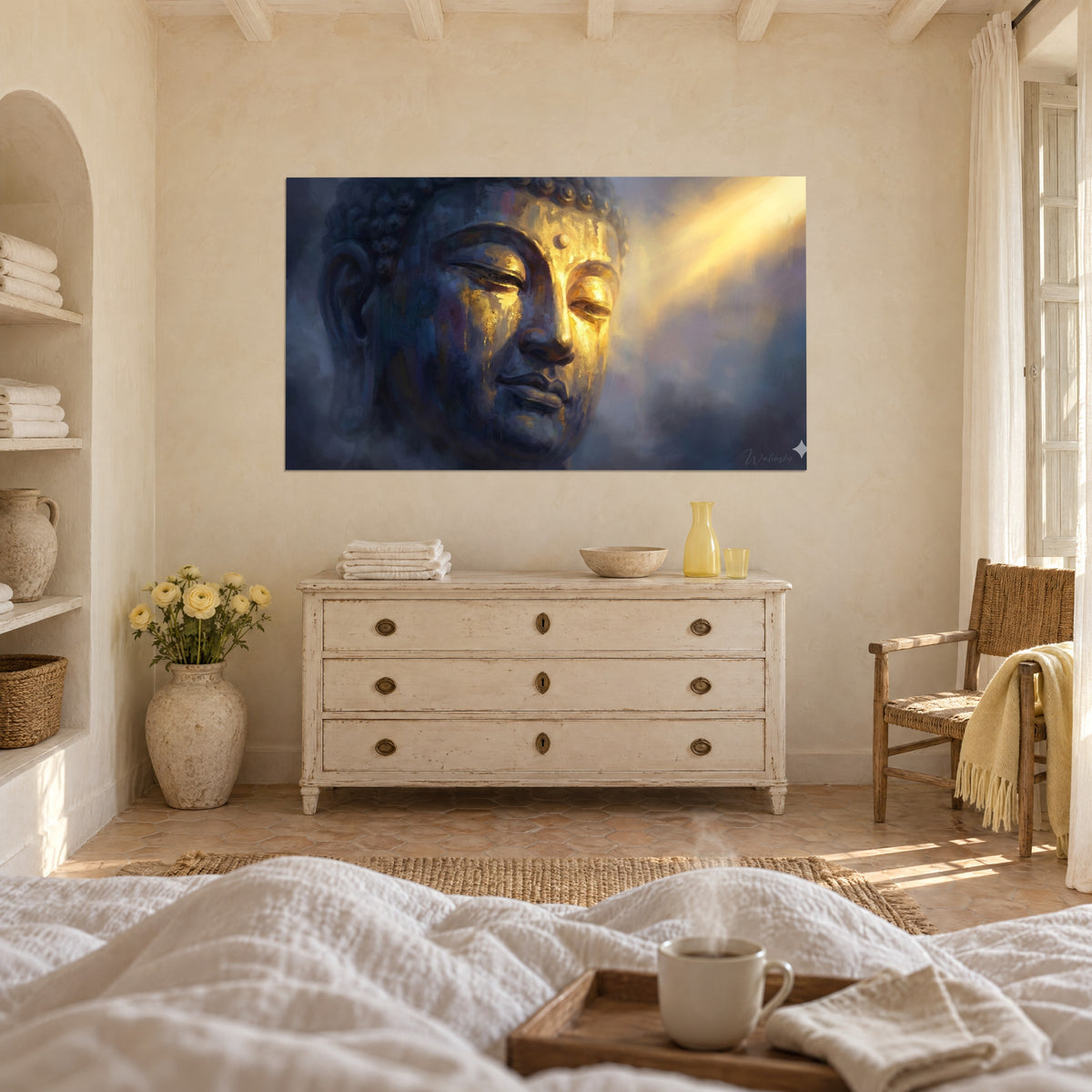 Schilderij effigie van de mediterende Boeddha, verguld wangetje en indigo schaduwen, bleke gele lichtstraal, boven een bed in een lichte slaapkamer