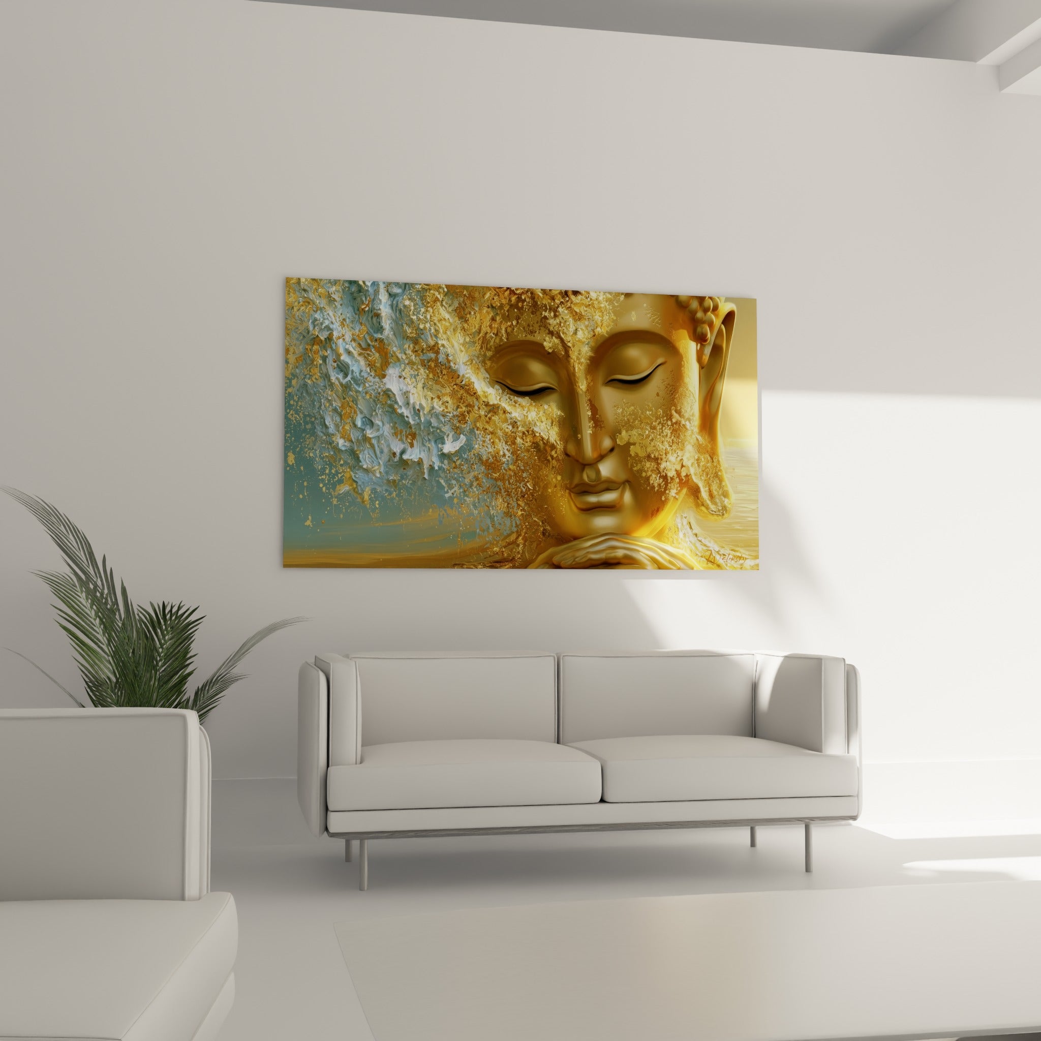 Traits dorés apaisés du Bouddha entourés de bleu pastel, au-dessus d'un canapé dans un salon lumineux