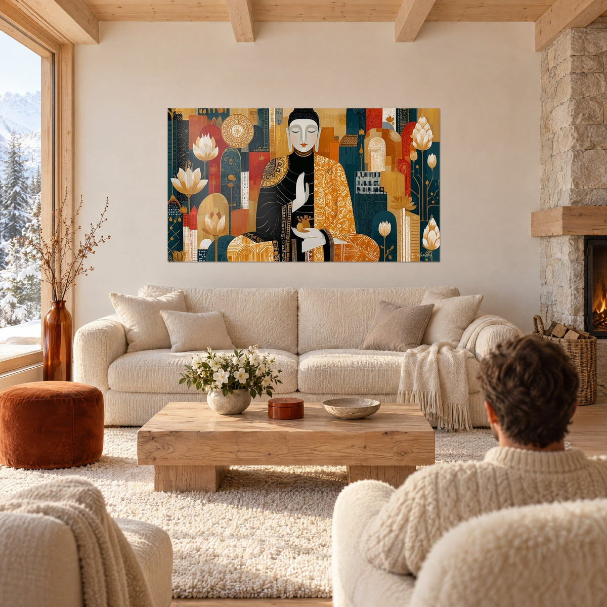 Tableau Bouddha méditant en robe dorée, lotus blancs sur fond bleu pétrole, au-dessus d'un canapé dans un salon lumineux