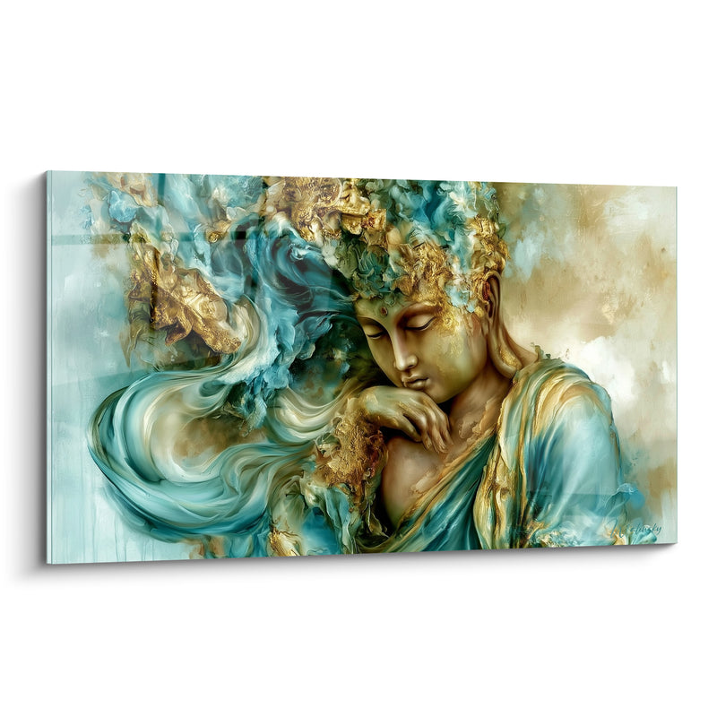 Tableau Visage doré aux volutes turquoise - Méditation profonde - Edition Bouddha