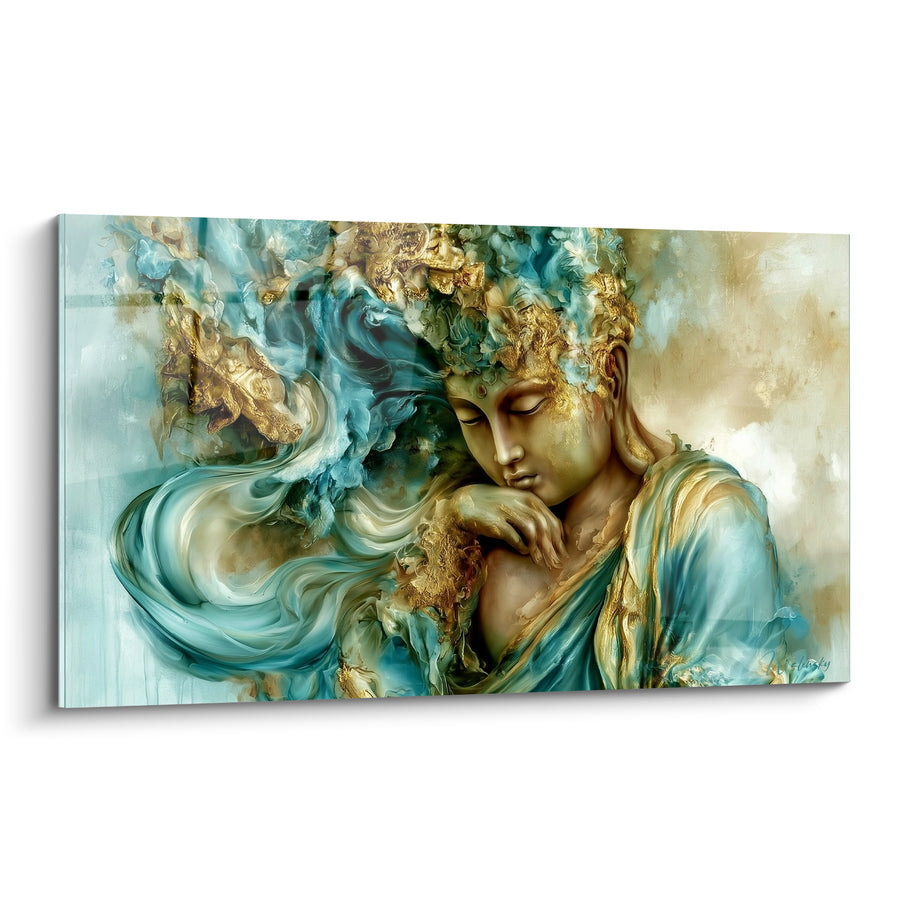 Tableau Visage doré aux volutes turquoise - Méditation profonde - Edition Bouddha