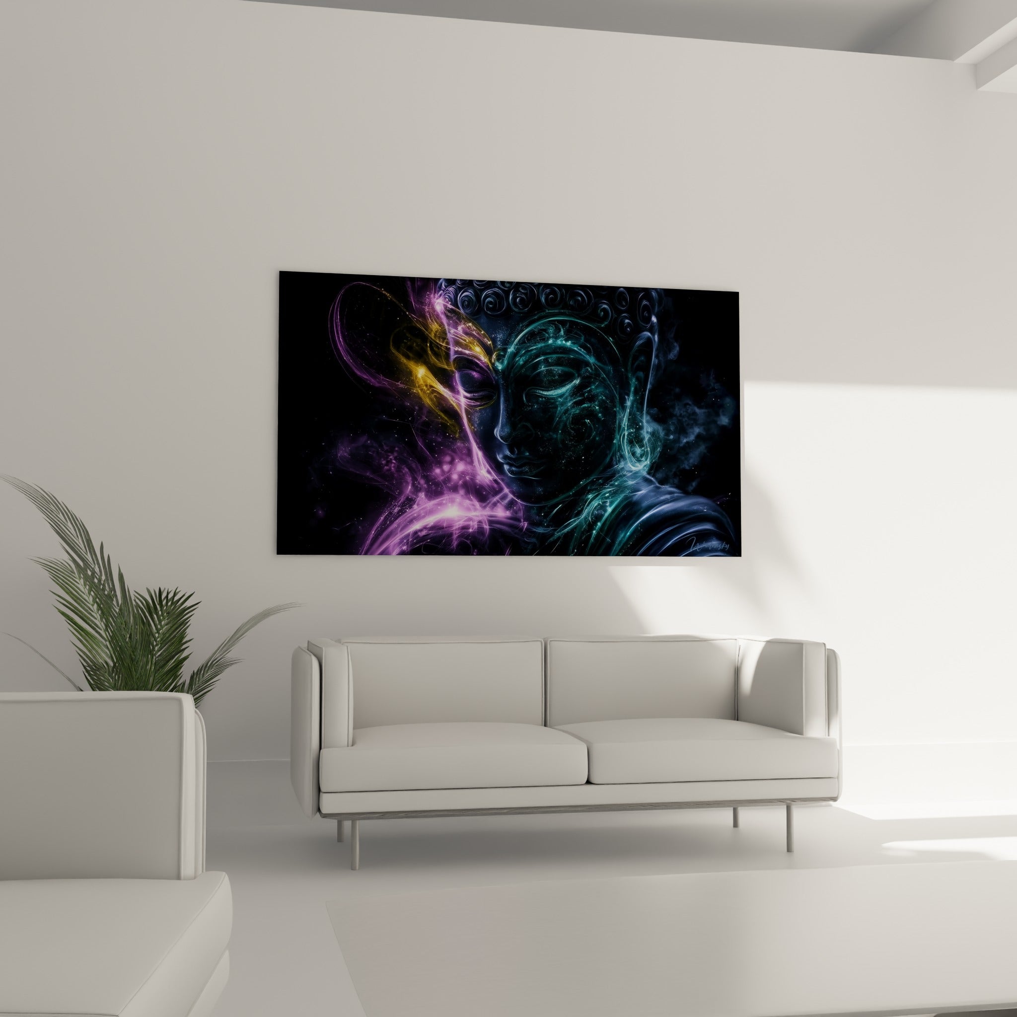 Silhouette méditative de Bouddha en bleu profond et doré, disposée au-dessus d'un canapé dans un salon lumineux