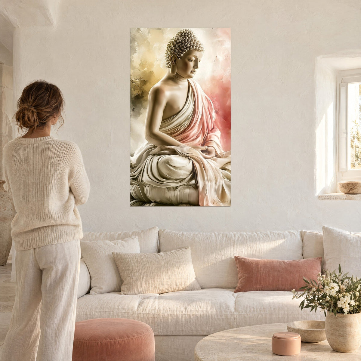 Gemälde Meditierender Buddha in elfenbeinfarbenem und rosafarbenem Faltenwurf, gesenkter Blick, goldener Hintergrund, über einem Sofa in einem hellen Wohnzimmer