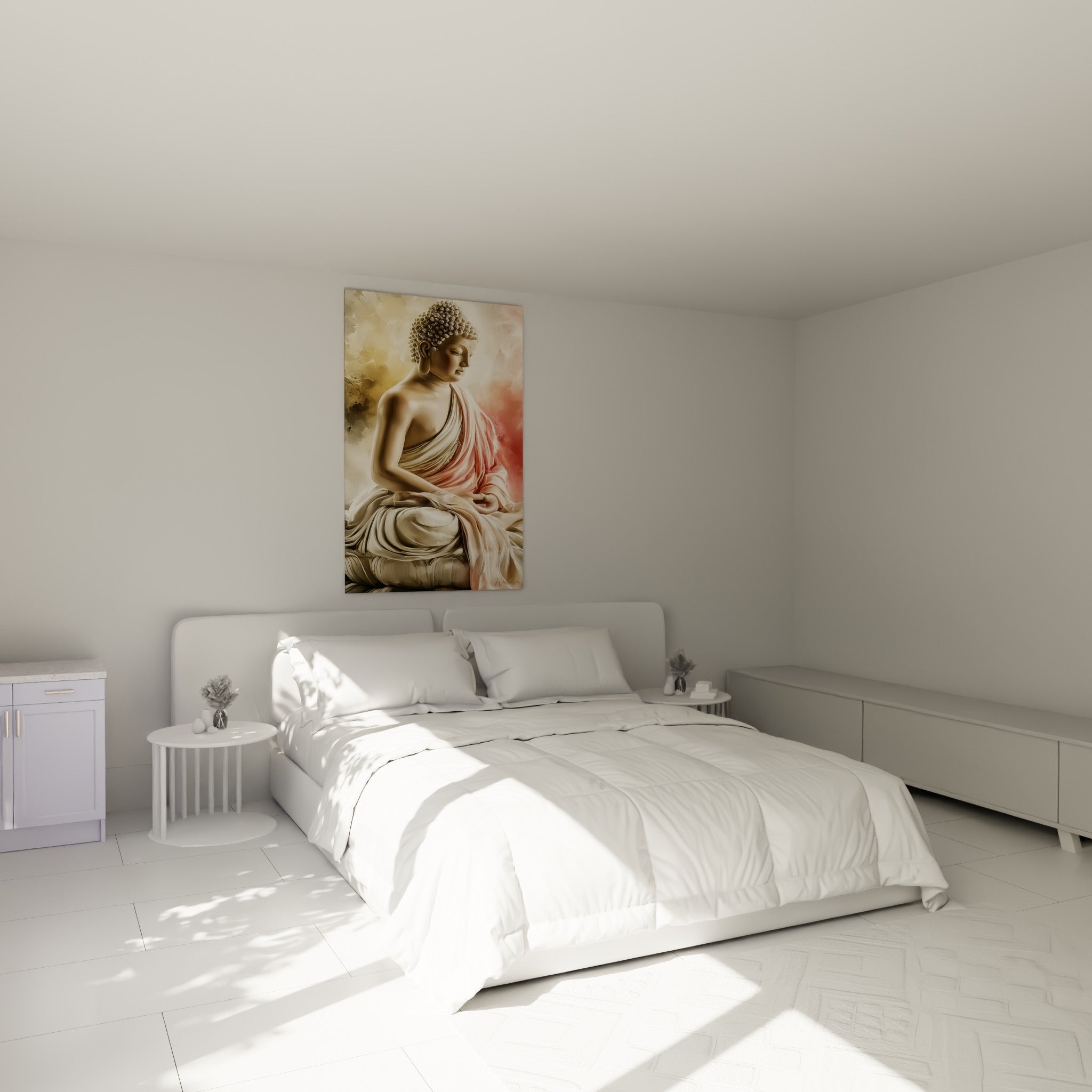 Statue de Bouddha aux tons dorés et rose blush, accrochée au-dessus d'un lit dans une chambre claire