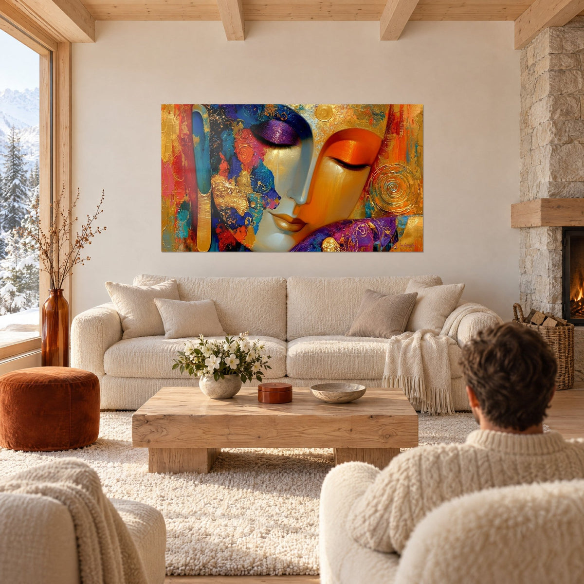 Tableau visage doré aux yeux clos, fard violet pailleté et joue orange, au-dessus d'un canapé dans un salon lumineux