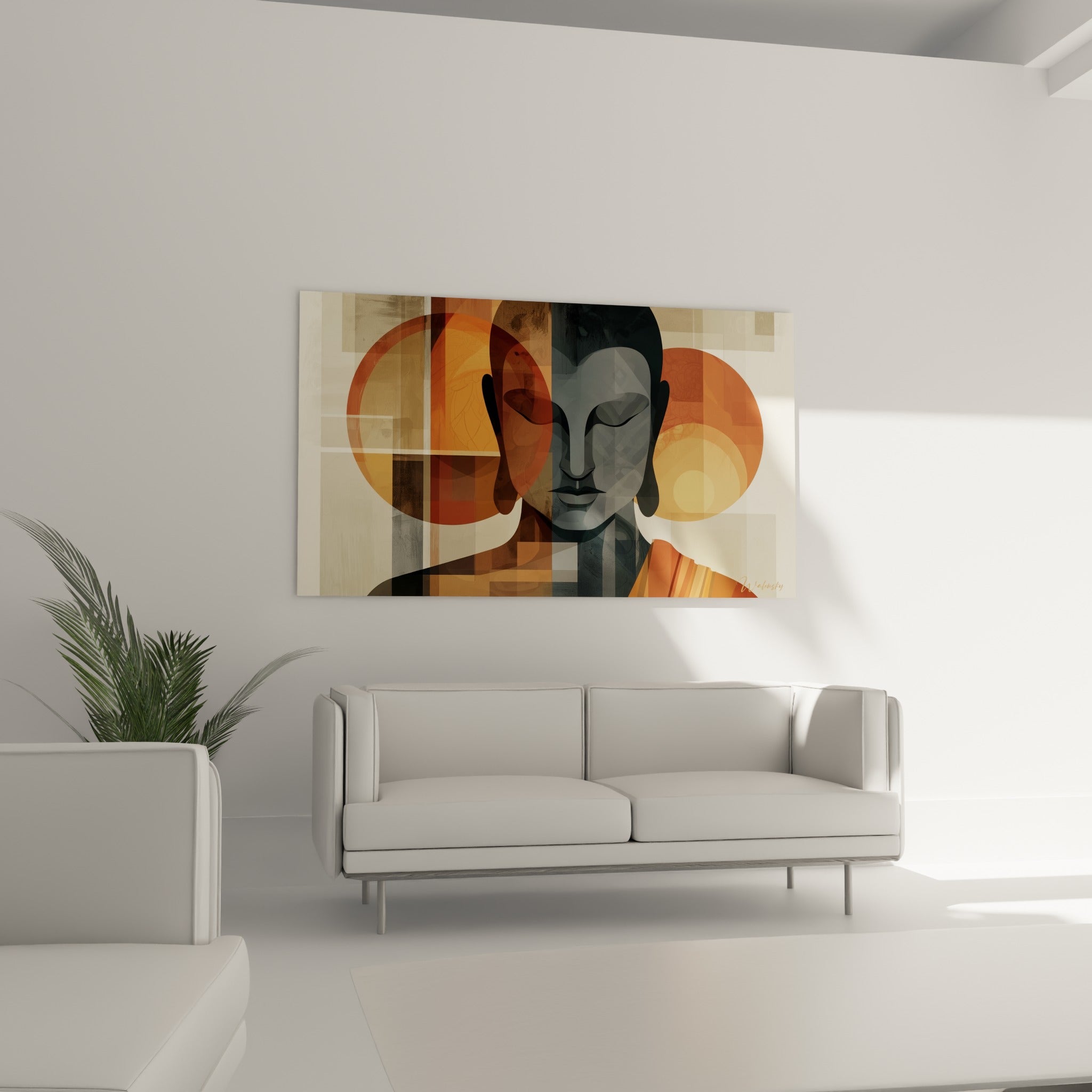 Visage de Bouddha divisé entre ombre grise et lumière rouille, au-dessus d'un canapé dans un salon lumineux