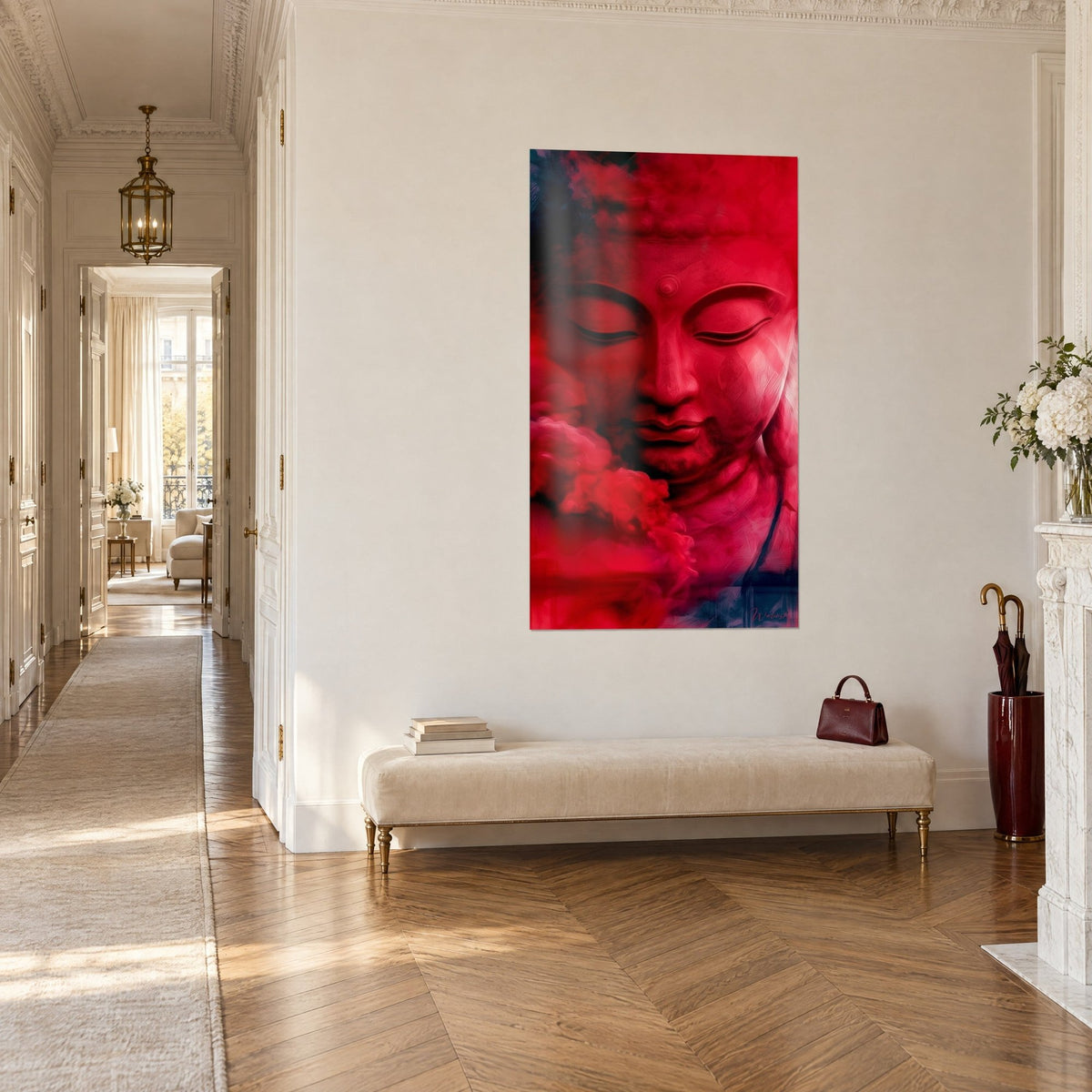 Tableau visage serein écarlate, nuages rouges vaporeux et ombres bleu nuit, vu de trois-quarts dans un couloir haussmannien