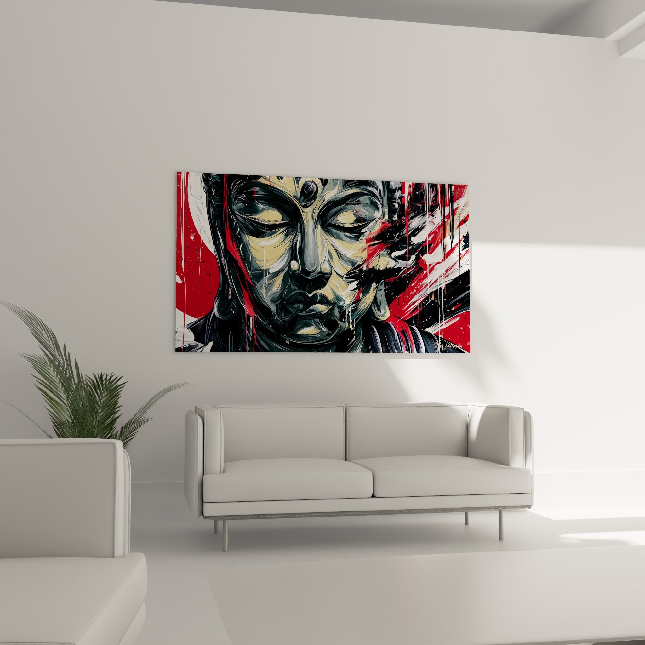 Bouddha méditatif en noir et rouge intense, au-dessus d'un canapé dans un salon lumineux