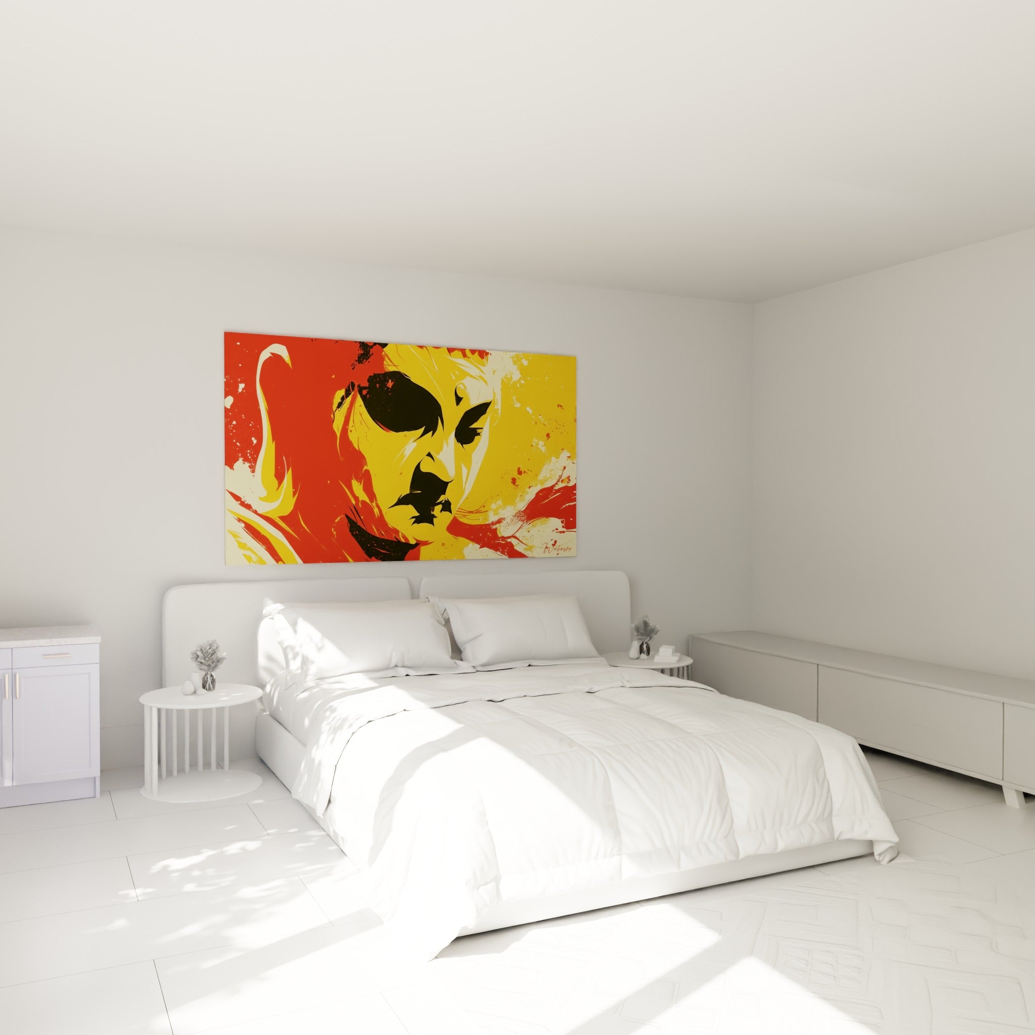 Visage de Bouddha jaune safran et rouge vermillon accroché au-dessus d'un lit dans une chambre claire