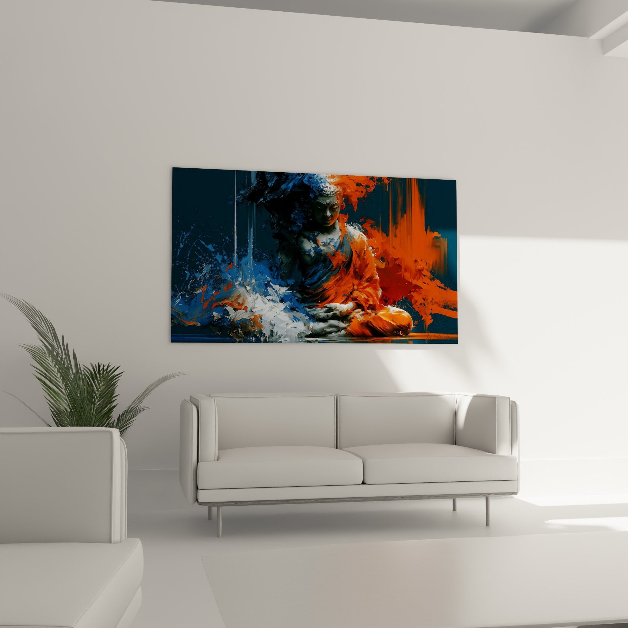 Figure de Bouddha méditant entourée de flammes orange et vagues bleues, au-dessus d'un canapé dans un salon lumineux