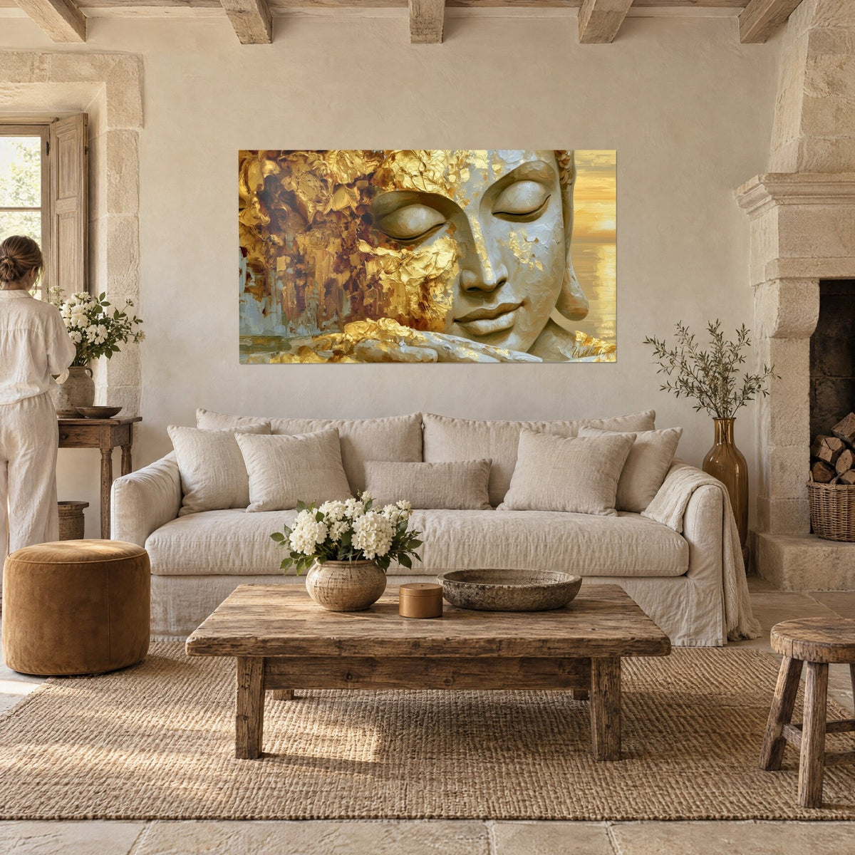 Quadro volto del Buddha con palpebre chiuse, foglia d'oro e pigmenti bianchi, di spalle, sopra un divano in un soggiorno luminoso
