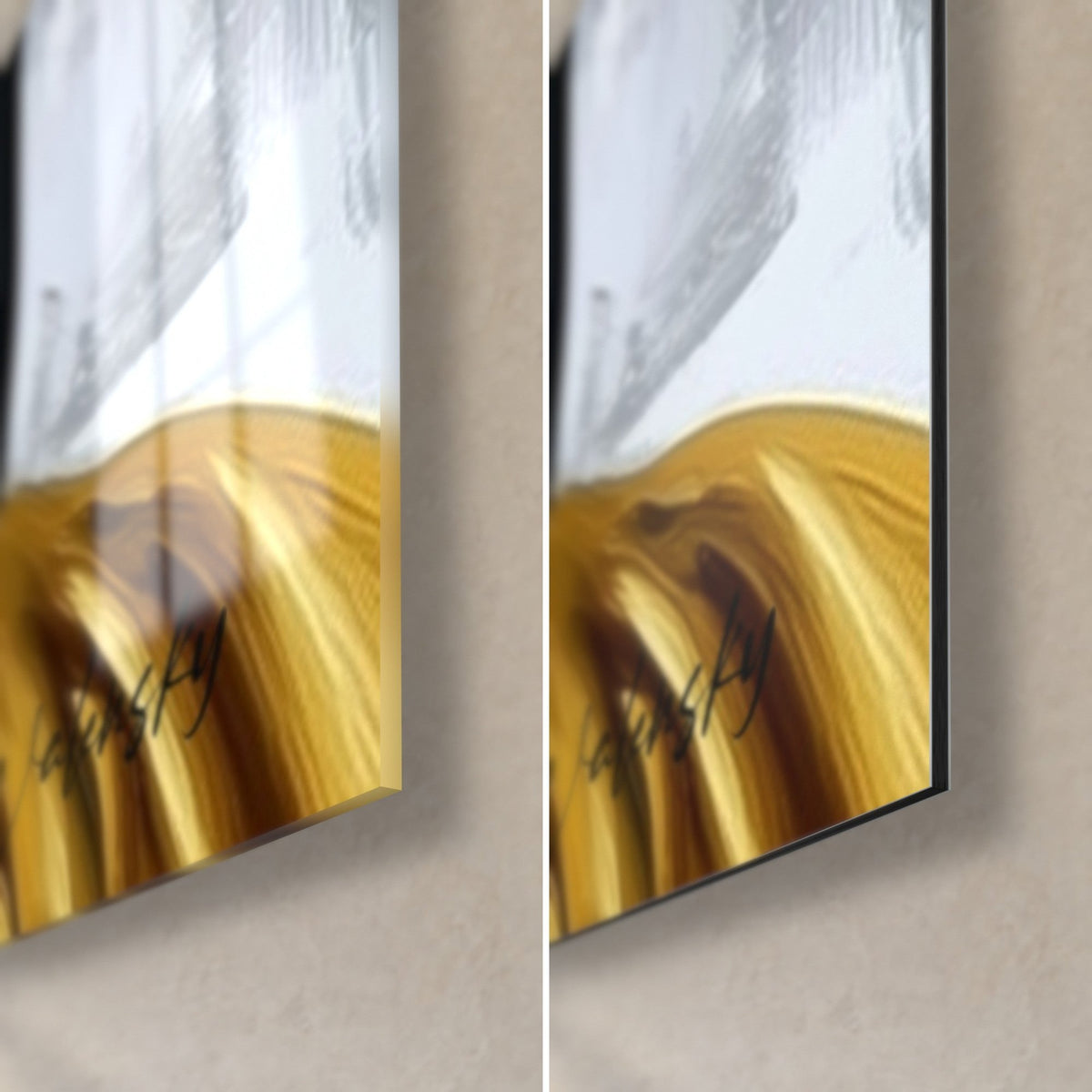 Tableau Bouddha noir et doré, coin bas droit : verre acrylique brillant à gauche, alu Dibond mat à droite, tranche de 3 mm visible