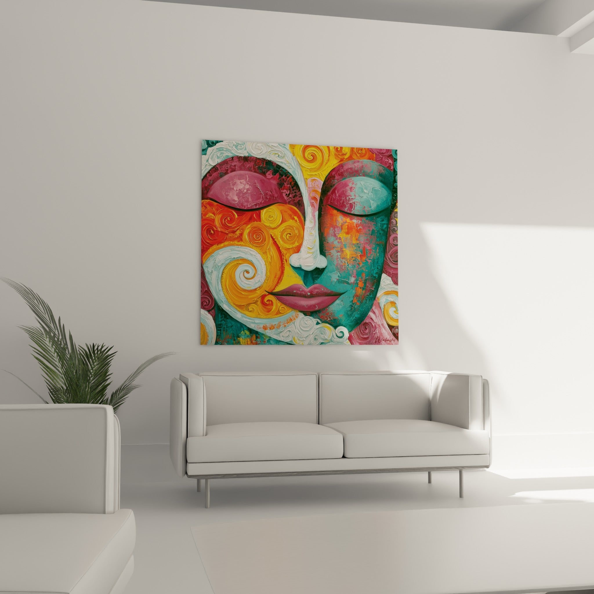 Visage de Bouddha en spirales safran et turquoise profond, suspendu au-dessus d'un canapé dans un salon lumineux