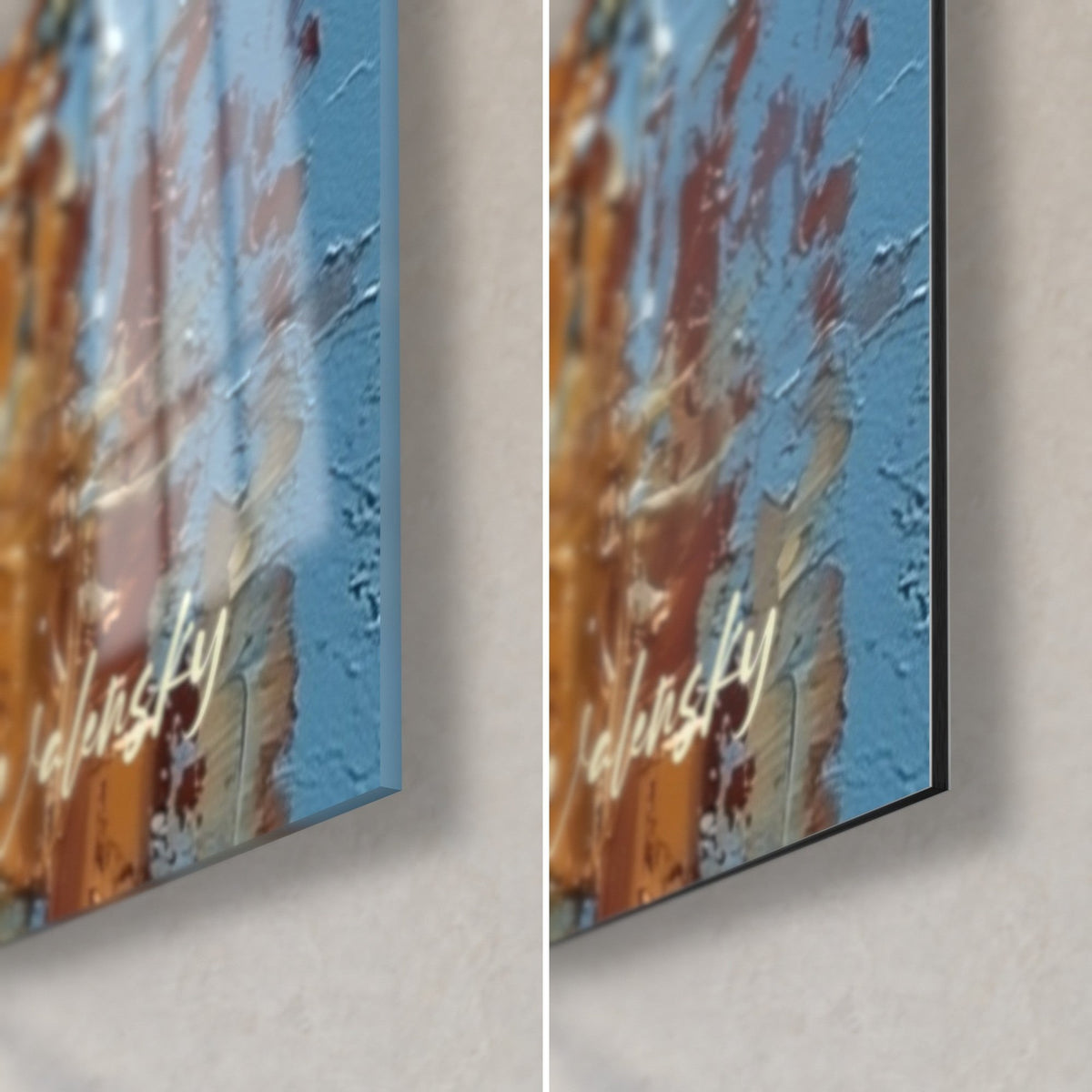 Tableau Bouddha bleu et or, coin bas droit : verre acrylique brillant à gauche, alu Dibond mat à droite, tranche de 3 mm