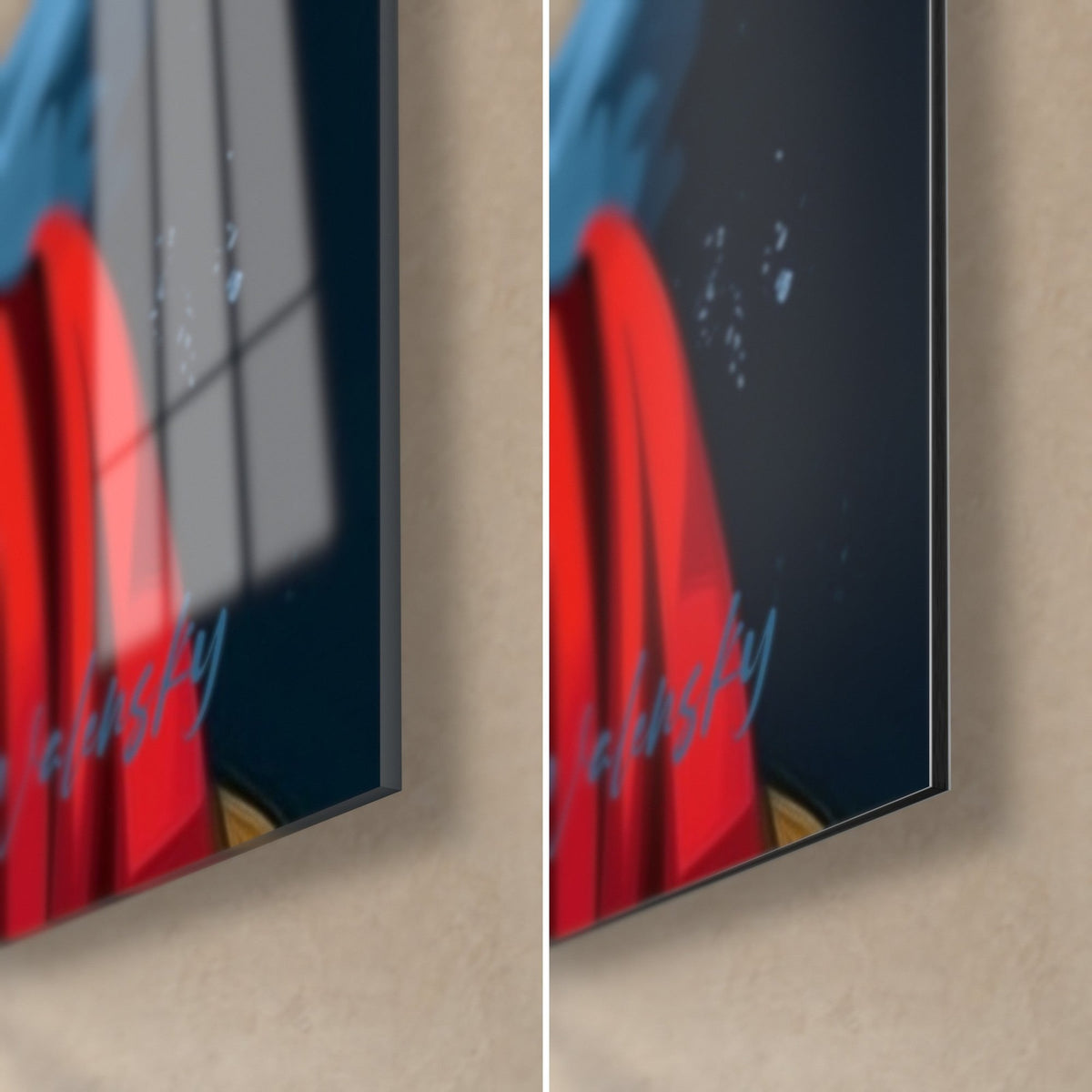 Tableau tête de Bouddha bleue et rouge, coin bas droit : verre acrylique brillant à reflets, alu Dibond mat, tranche de 3 mm