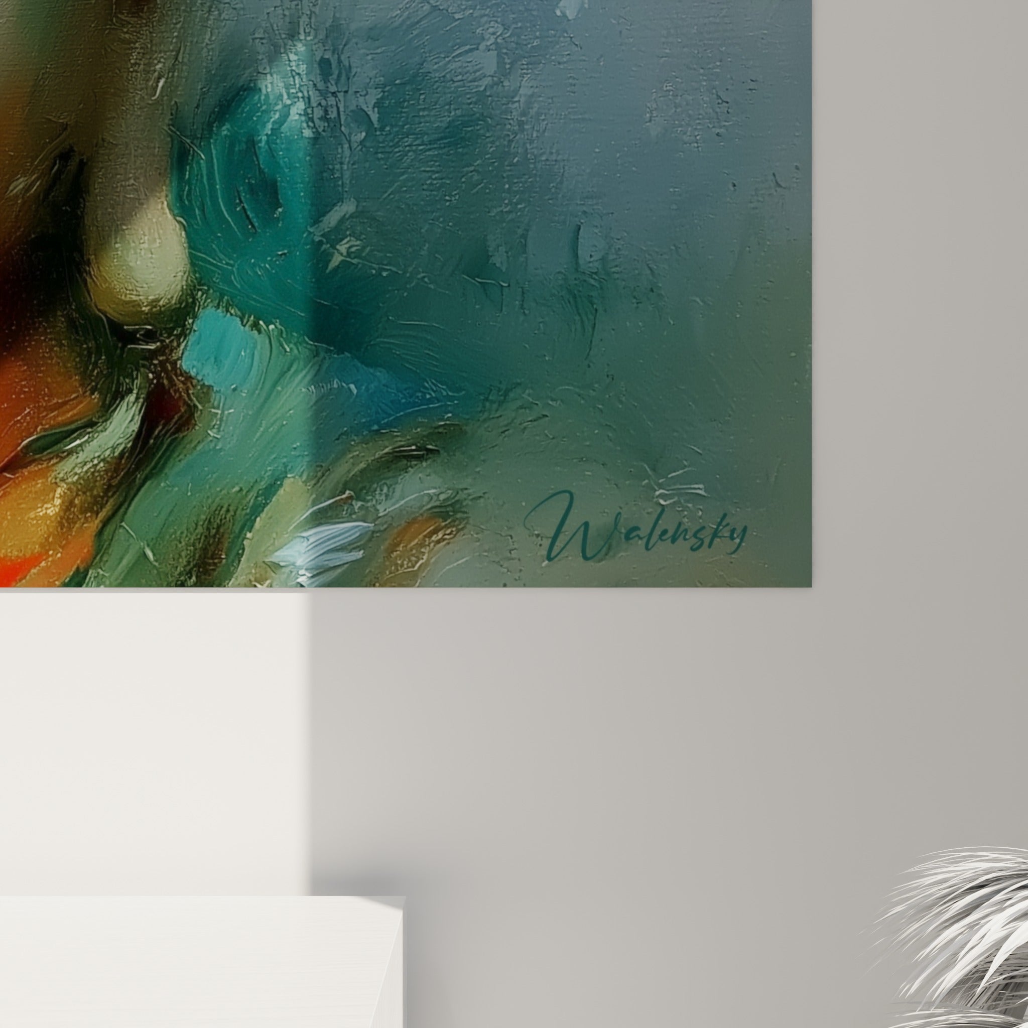 Empâtements épais du visage de Bouddha, coulures dorées et grain anthracite visibles en gros plan sur la toile