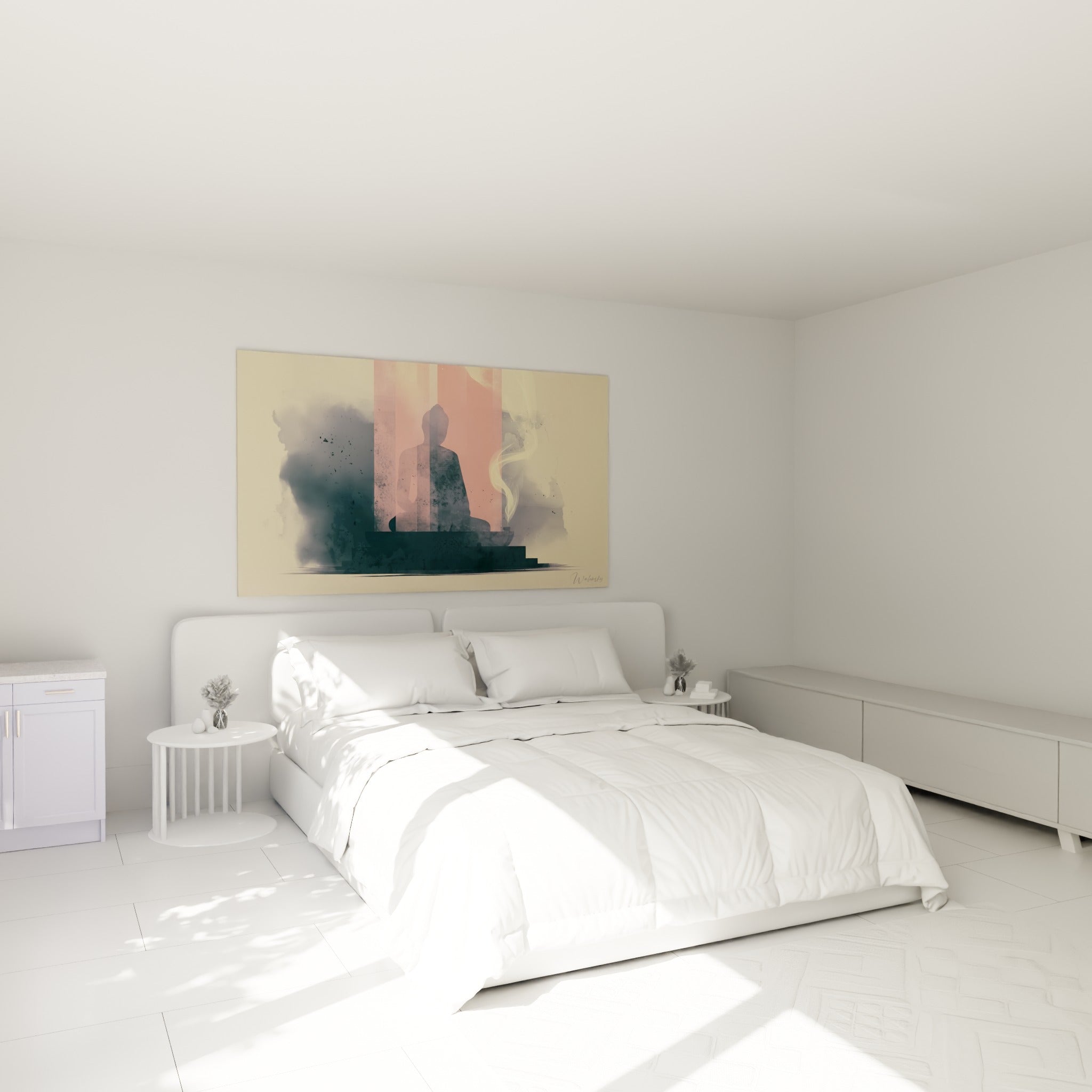 Silhouette de Bouddha corail et anthracite, encens doré, au-dessus d'un lit dans une chambre claire