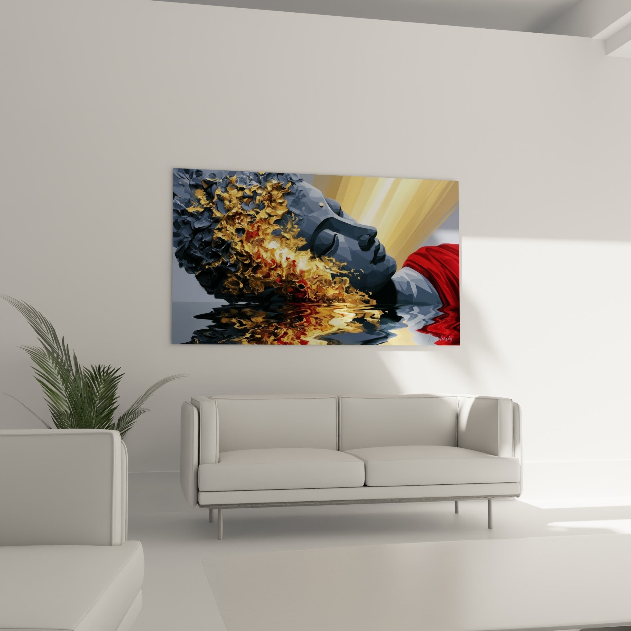 Bouddha aux reflets ocre et bleu marine, épaule rouge vif, suspendu au-dessus d'un canapé dans un salon lumineux