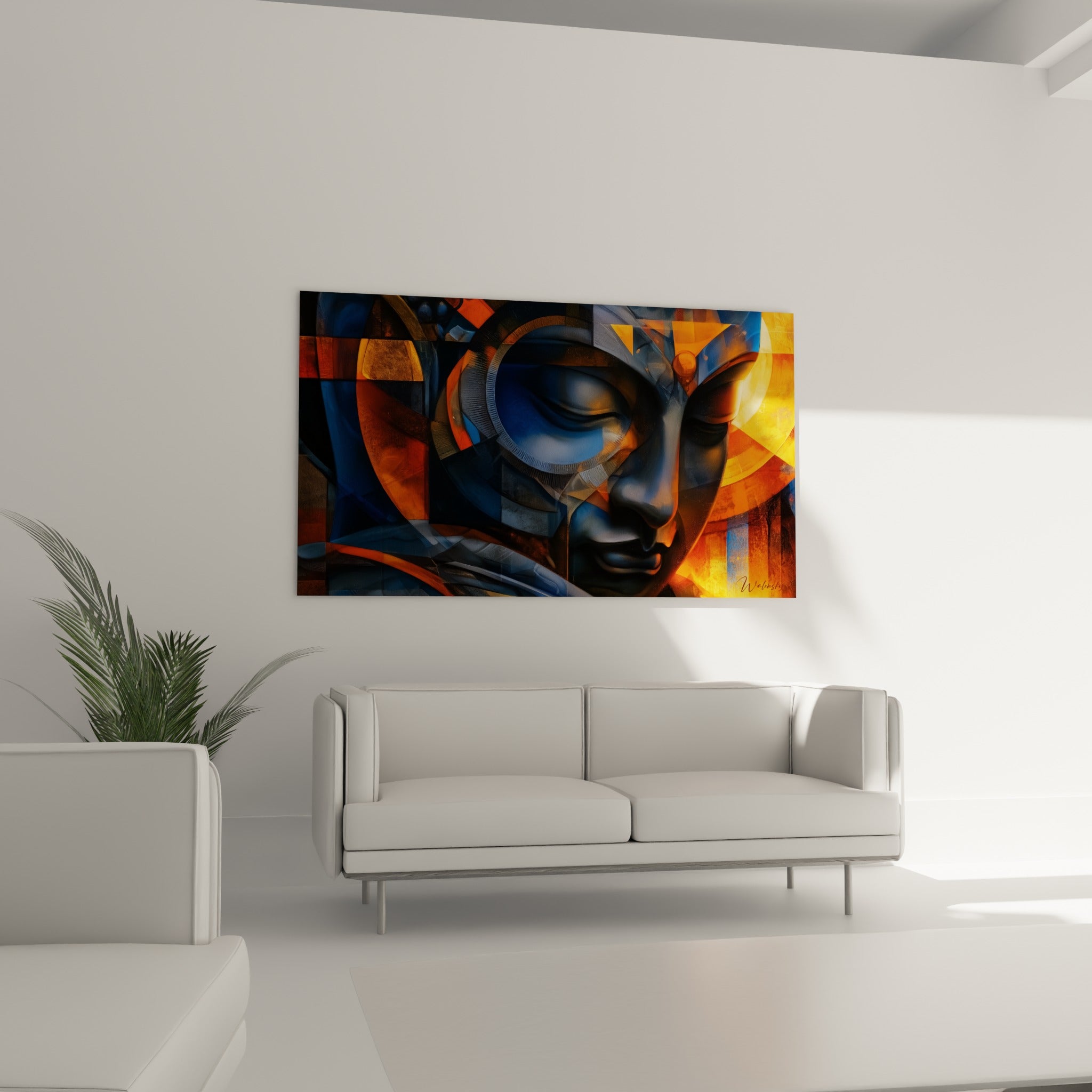 Visage du Bouddha anthracite et orangé accroché au-dessus d'un canapé dans un salon lumineux