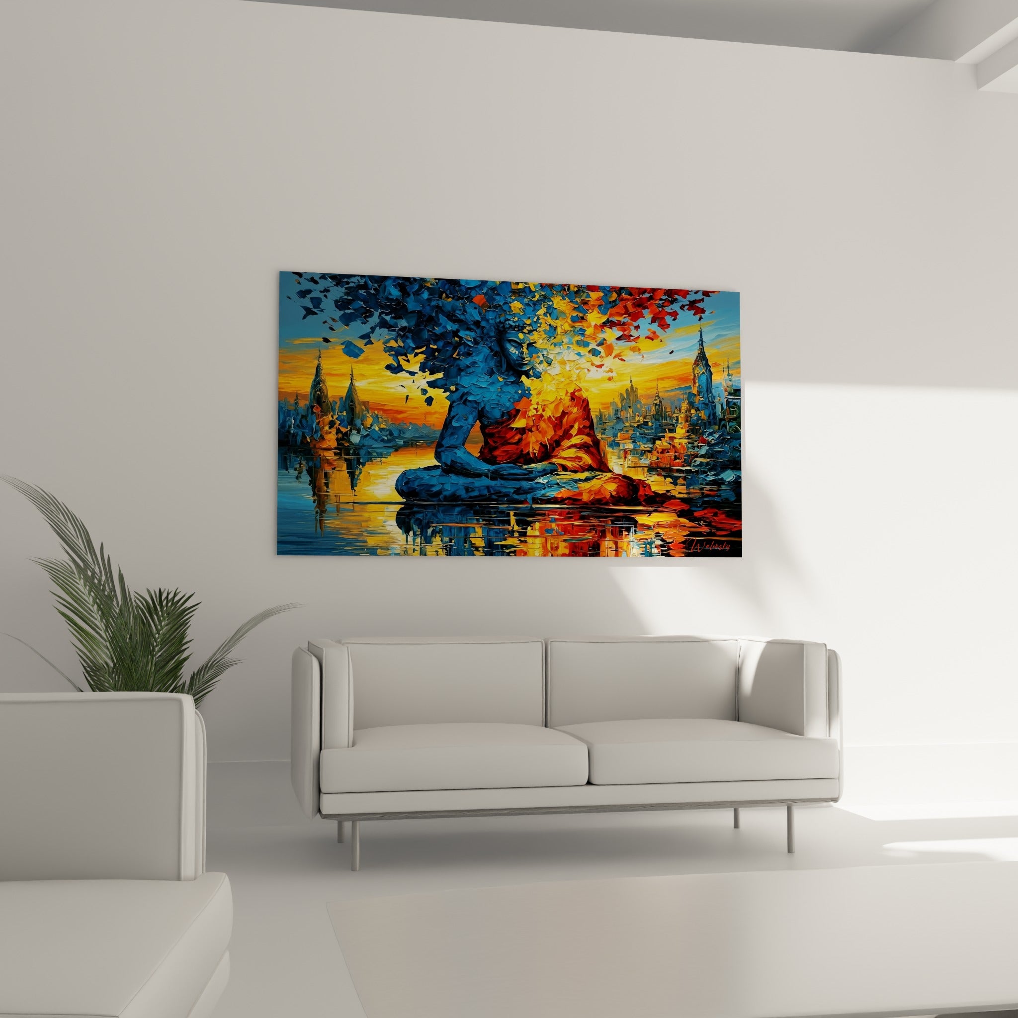Bouddha méditant aux tons bleu marine et fauve, au-dessus d'un canapé dans un salon lumineux