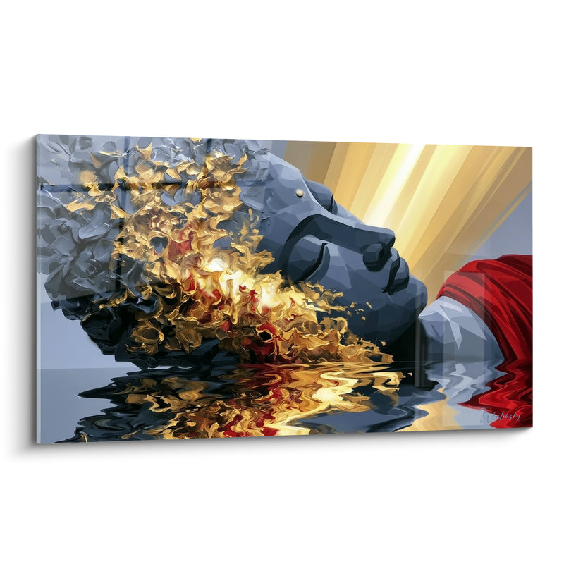 Tableau Visage gris et doré plongé dans l'eau - Reflet aquatique enflammé - Edition Bouddha