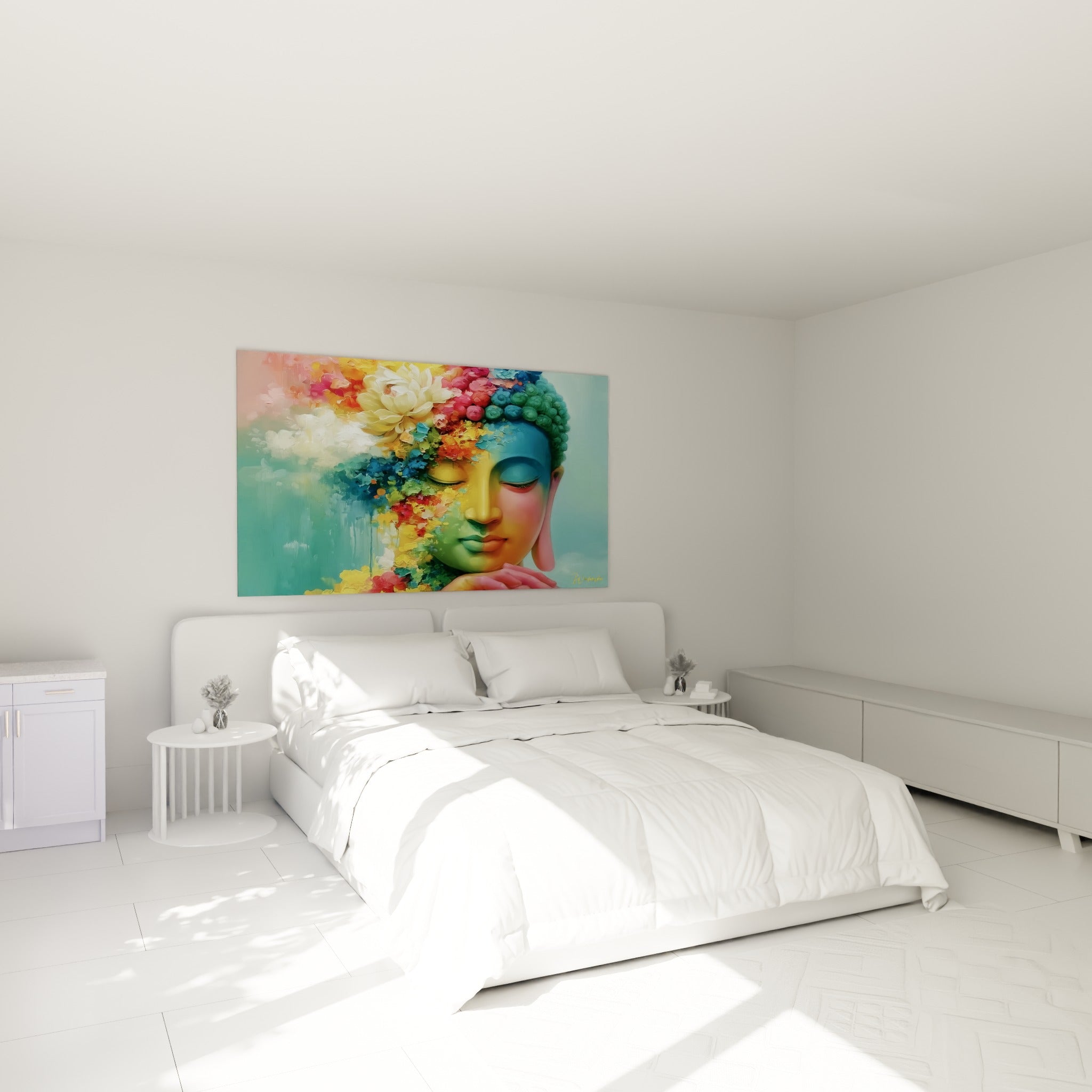 Sérénité incarnée par ce Bouddha turquoise et doré fleuri, accroché au-dessus d'un lit dans une chambre claire