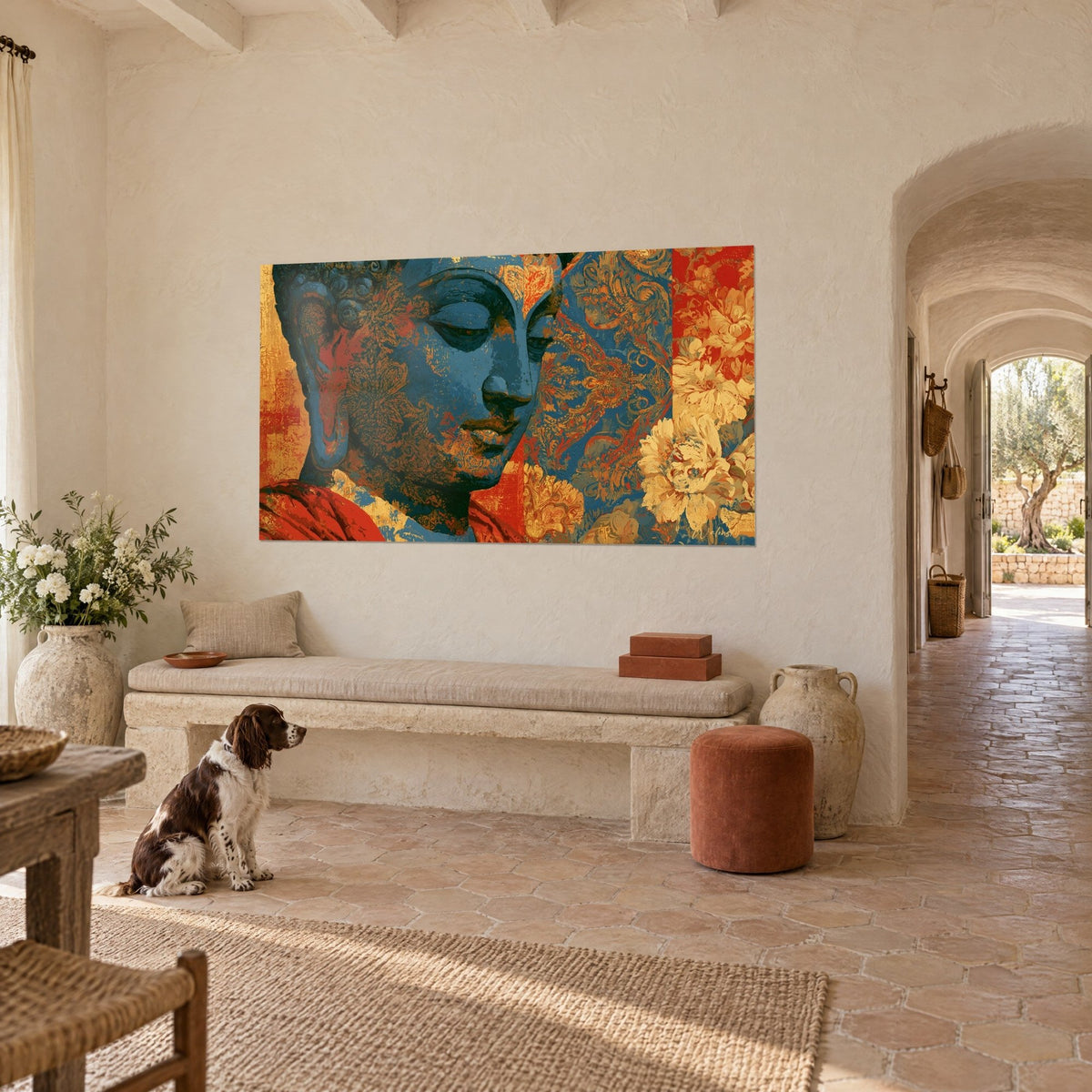 Tableau profil serein aux paupières closes, pivoines crème sur fond rouge et bleu, mur blanc d'un mas provençal